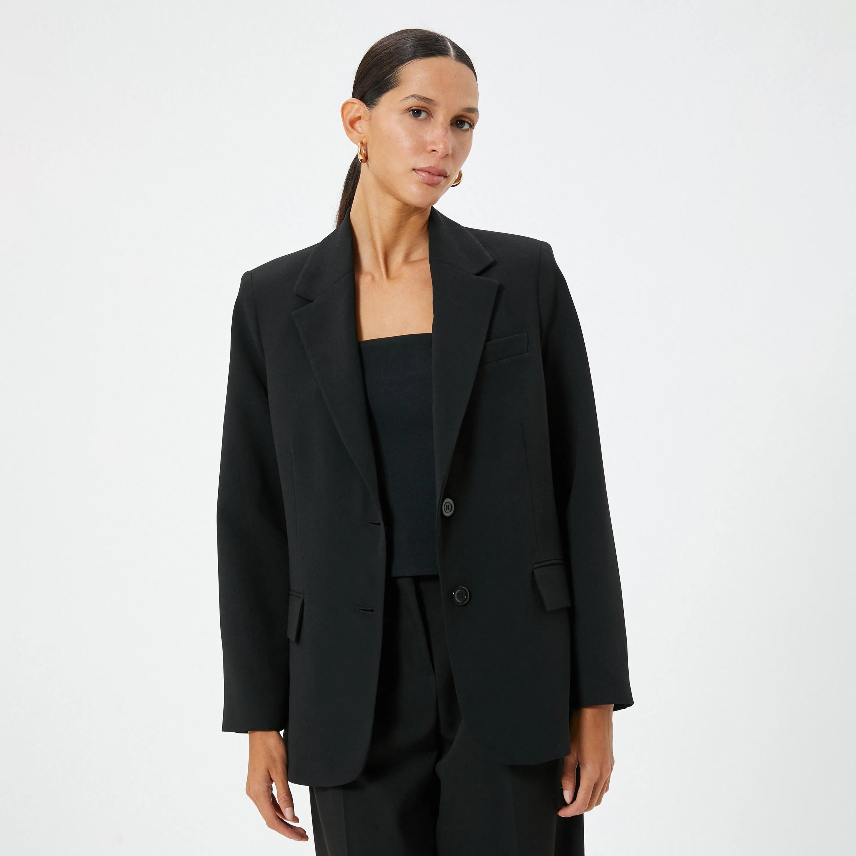 KOTON Black Lapel collar Women's Single Breasted Blazer-women-clothing-coatsandjackets-blazers-image-1