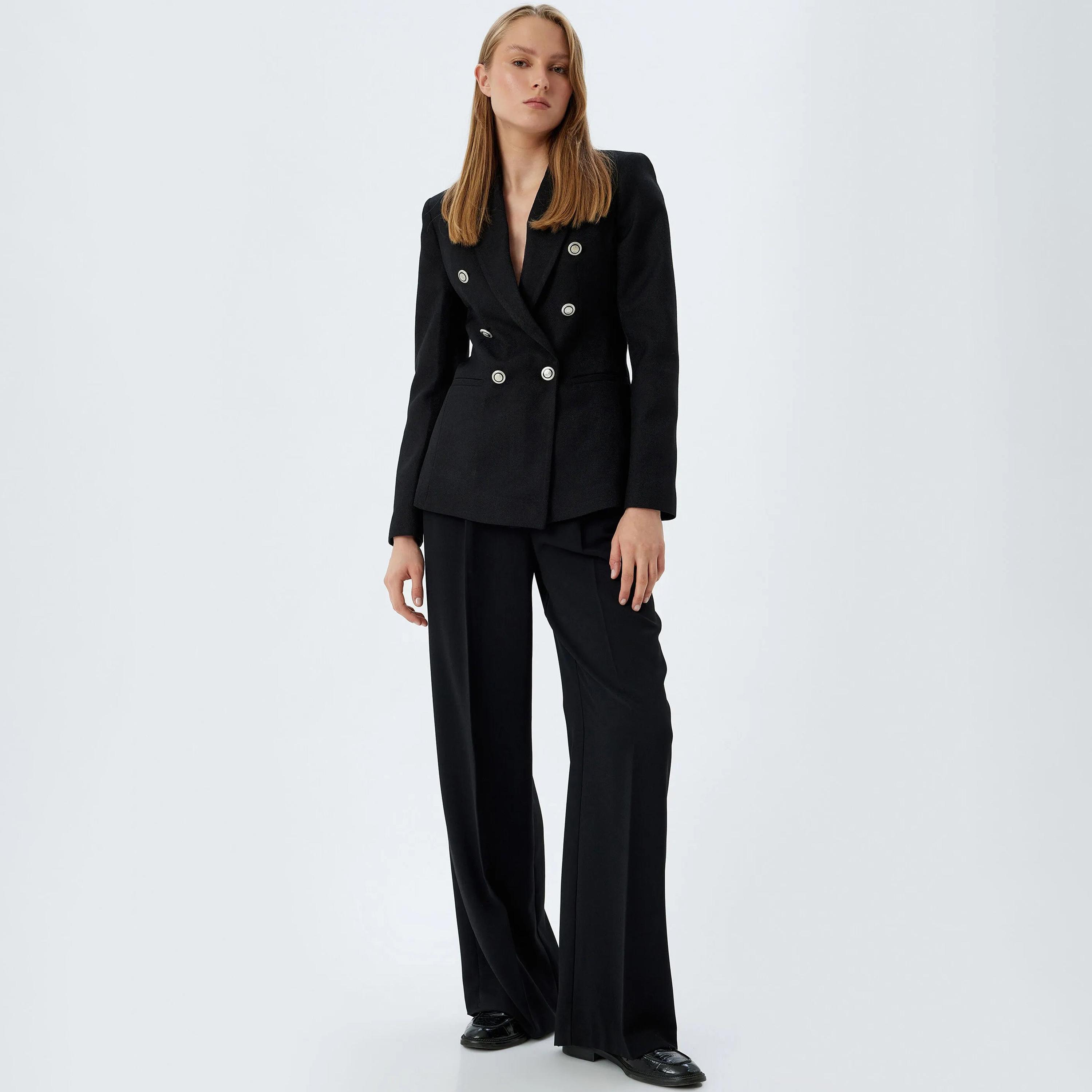 KOTON Black Lapel collar Women's Double Breasted Blazer-women-clothing-coatsandjackets-blazers-image-2