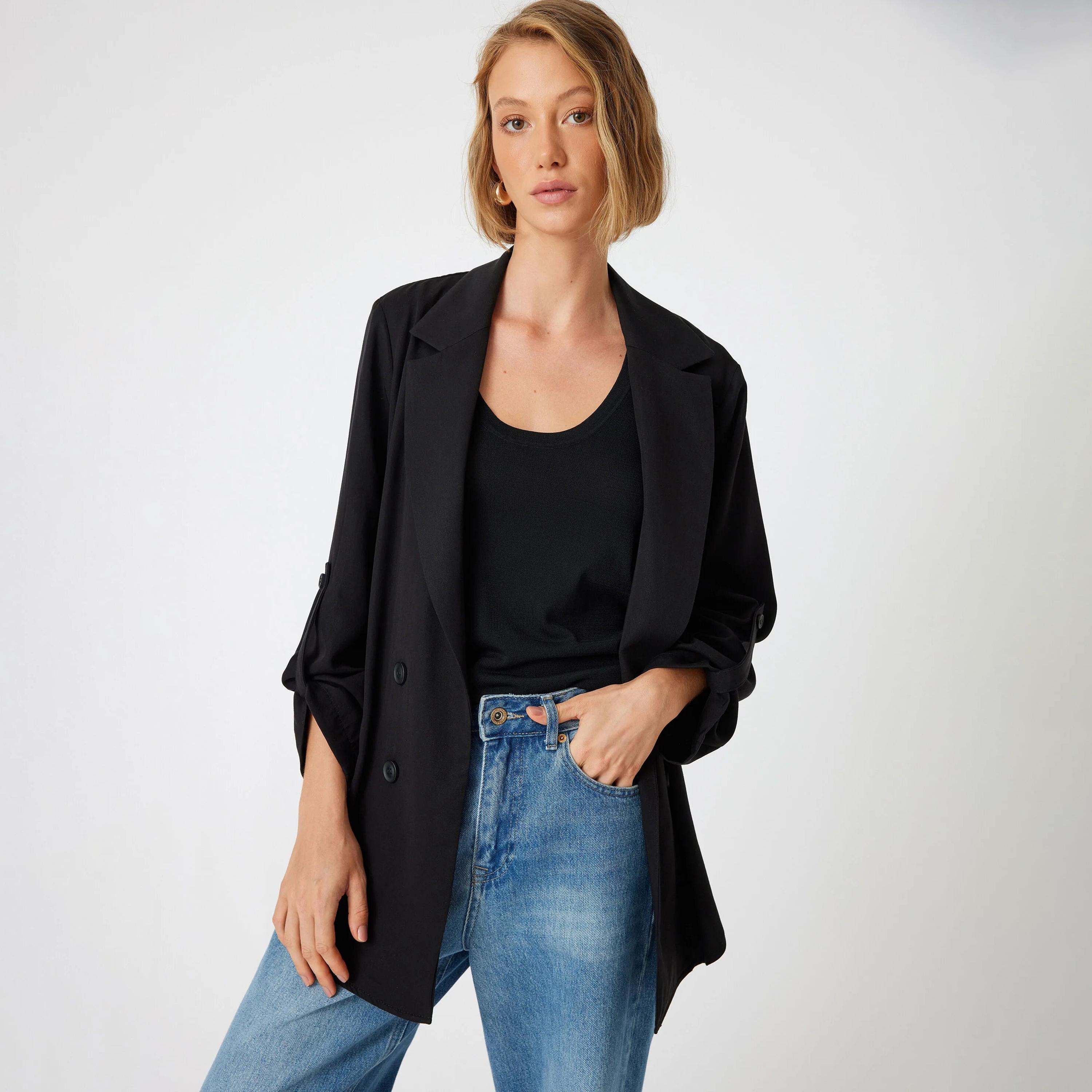KOTON Black Lyocell Lapel collar Women's Double Breasted Blazer-women-clothing-coatsandjackets-blazers-image-1