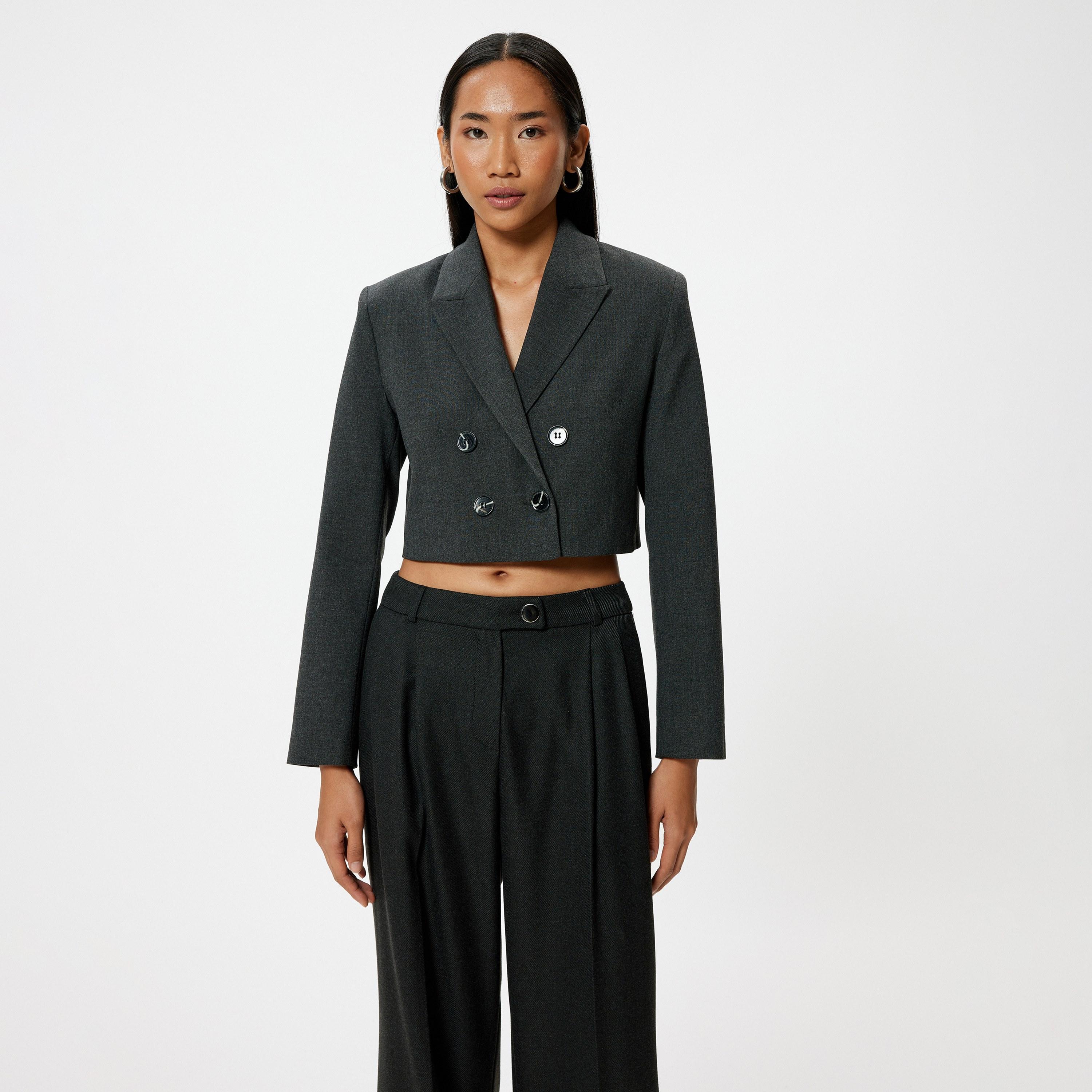 KOTON Charcoal Lapel Collar Women's Double Breasted Blazer-women-clothing-coatsandjackets-blazers-image-1