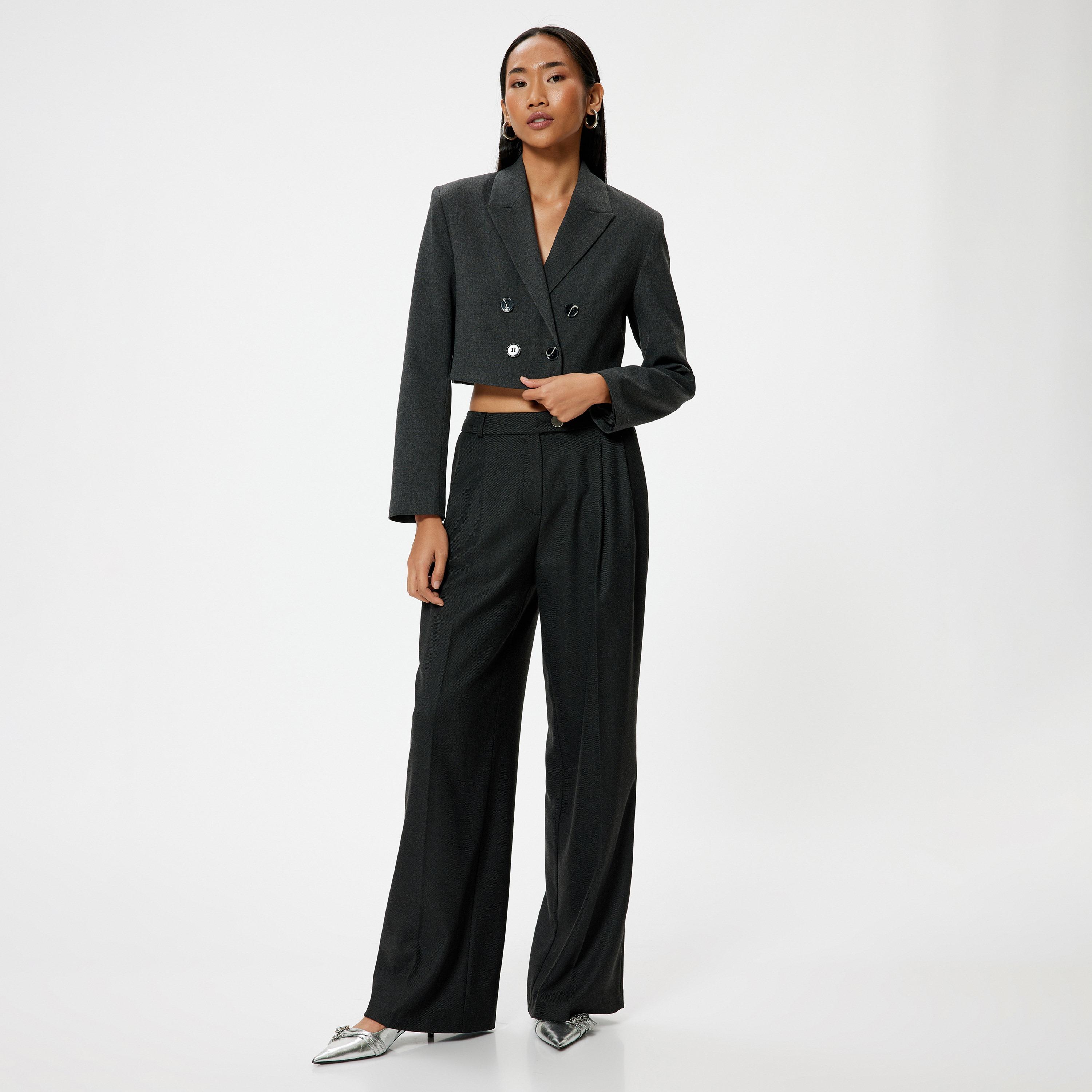 KOTON Charcoal Lapel Collar Women's Double Breasted Blazer-women-clothing-coatsandjackets-blazers-image-2