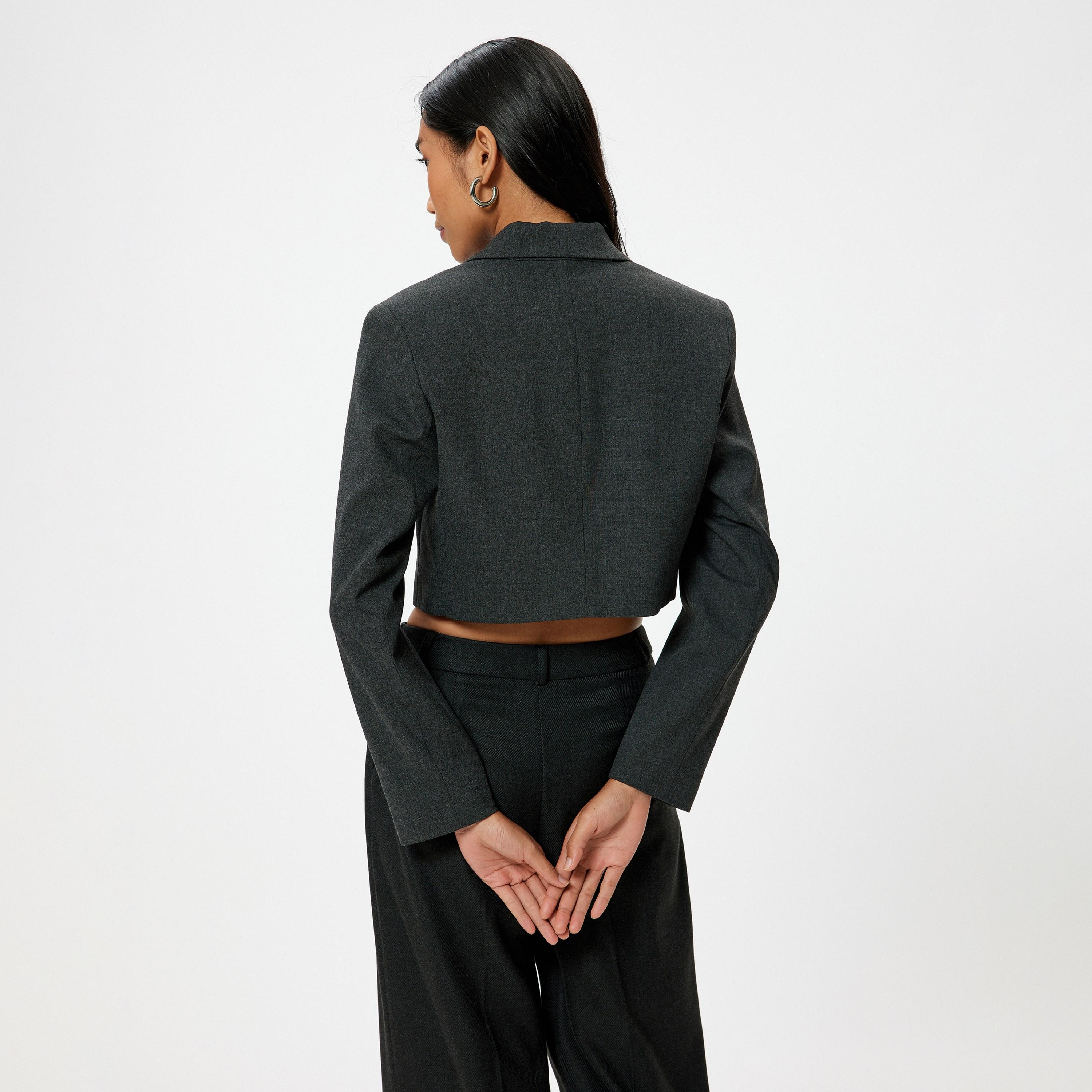 KOTON Charcoal Lapel Collar Women's Double Breasted Blazer-women-clothing-coatsandjackets-blazers-image-3