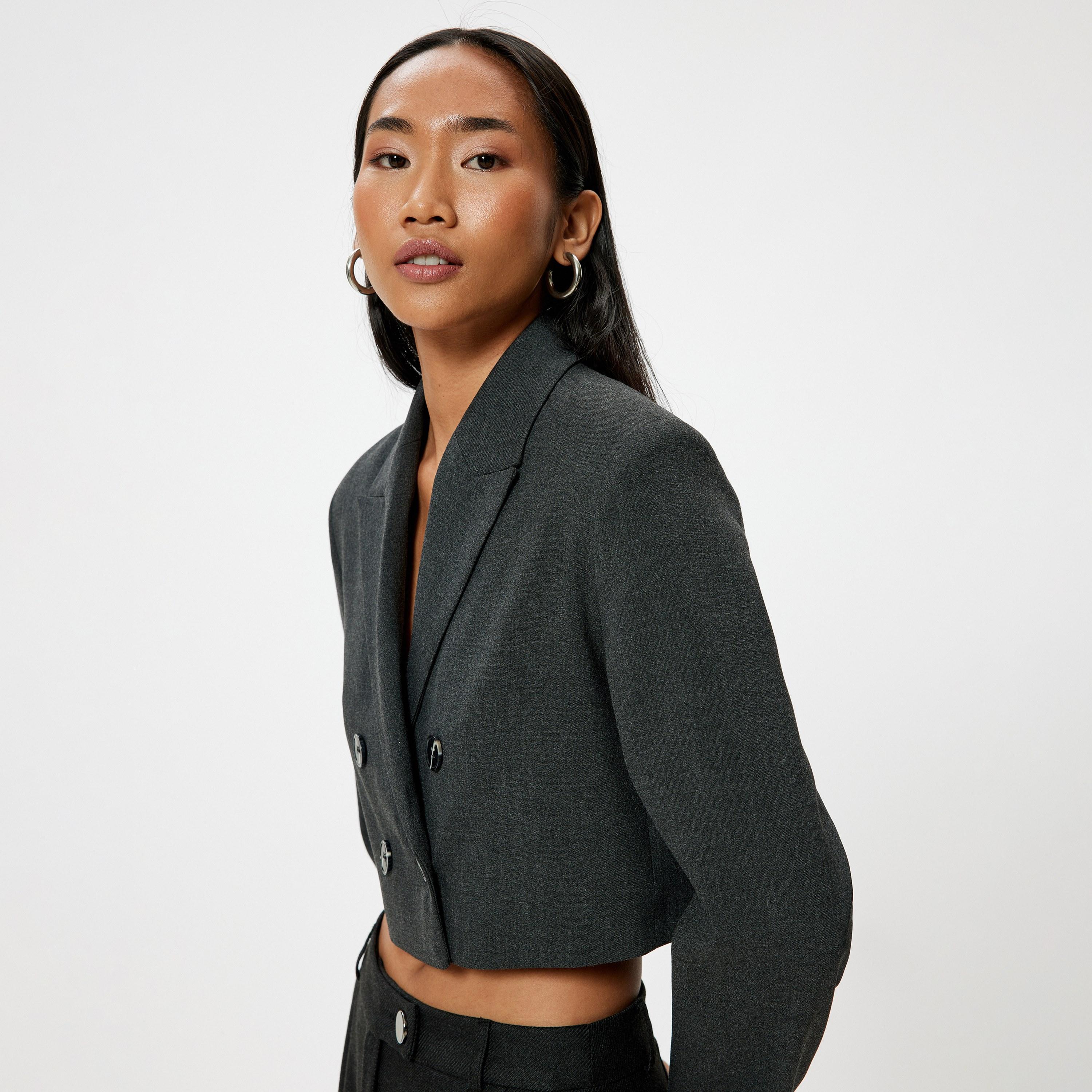 KOTON Charcoal Lapel Collar Women's Double Breasted Blazer-women-clothing-coatsandjackets-blazers-image-4