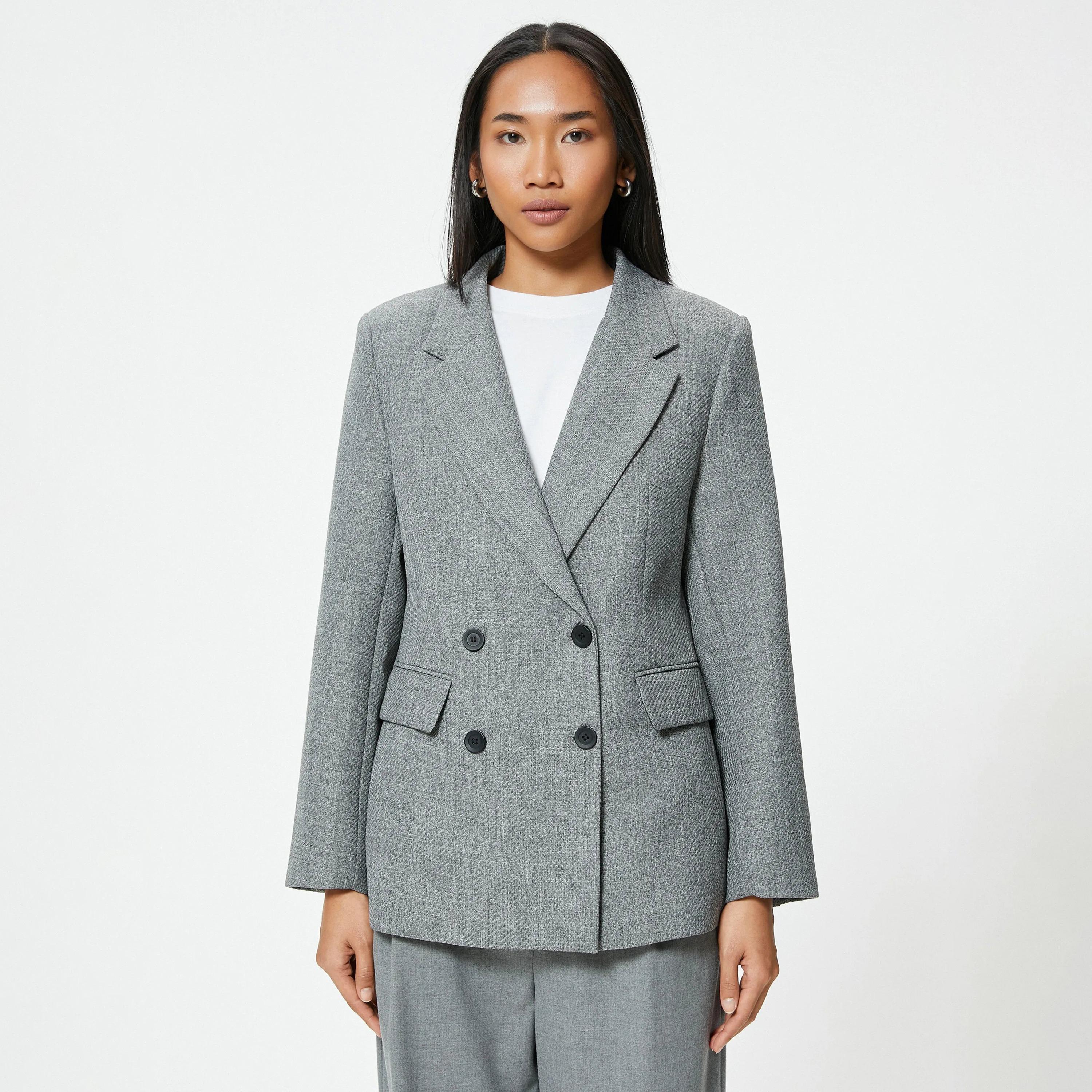 KOTON Grey Lapel collar Women's Double Breasted Blazer-women-clothing-coatsandjackets-blazers-image-1