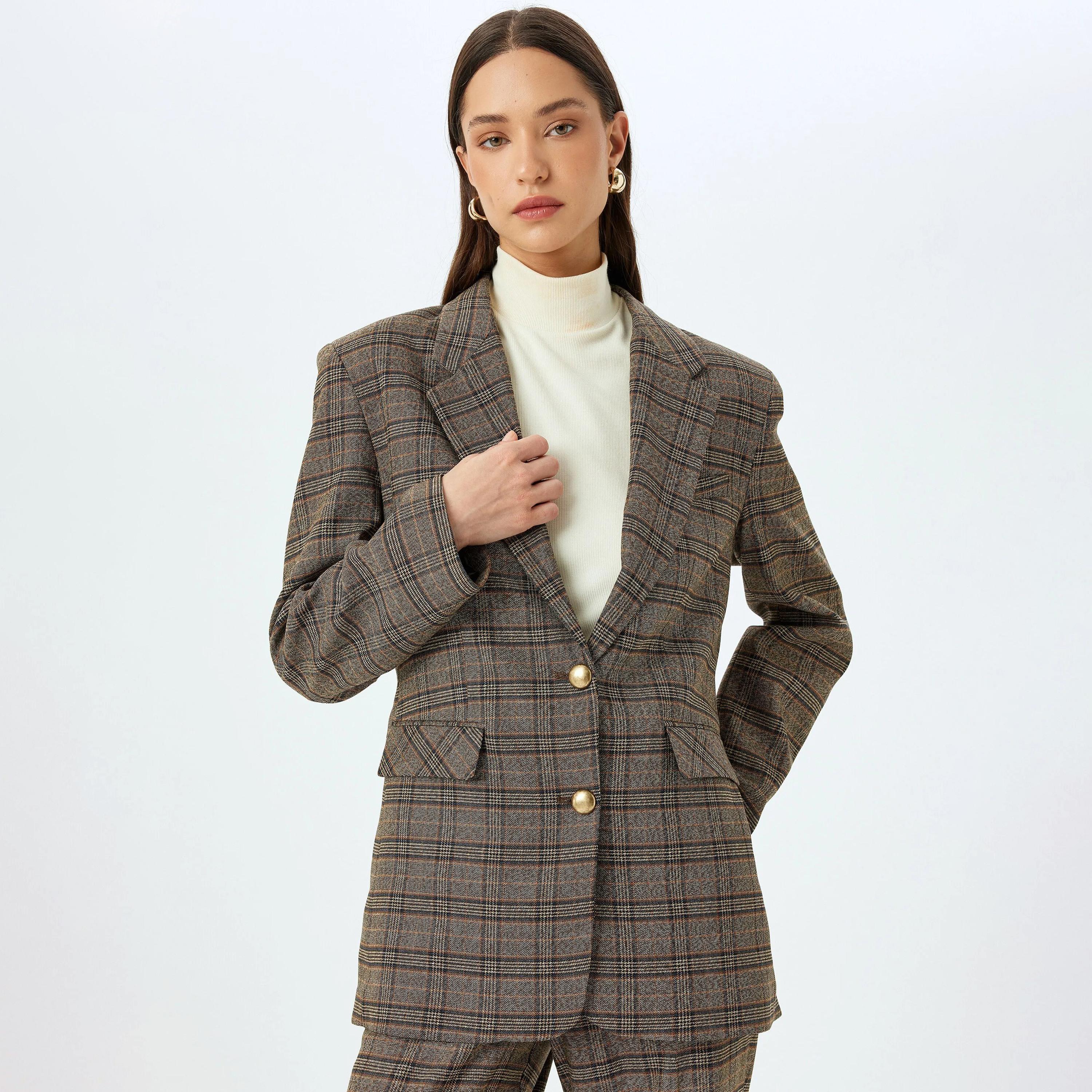 KOTON Brown Checked Lapel collar Women's Single Breasted Blazer-women-clothing-coatsandjackets-blazers-image-1