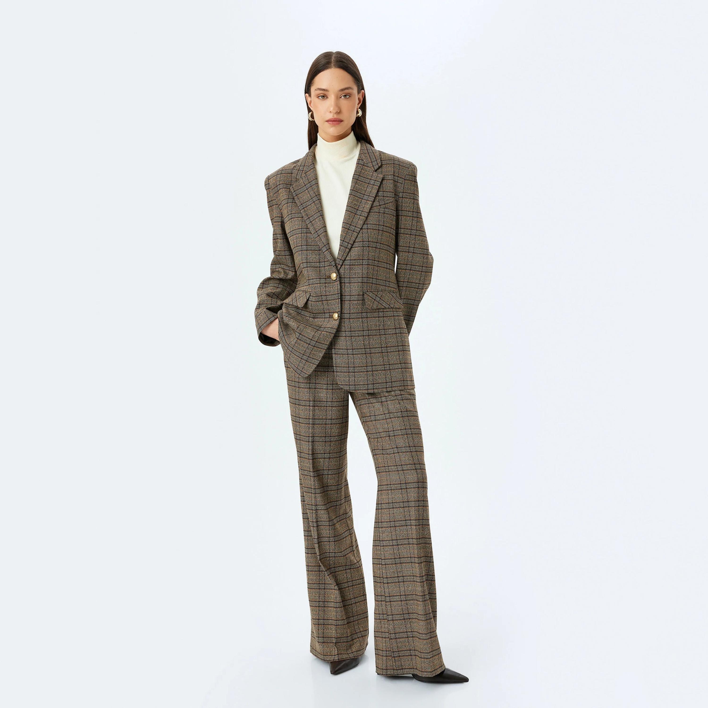KOTON Brown Checked Lapel collar Women's Single Breasted Blazer-women-clothing-coatsandjackets-blazers-image-2