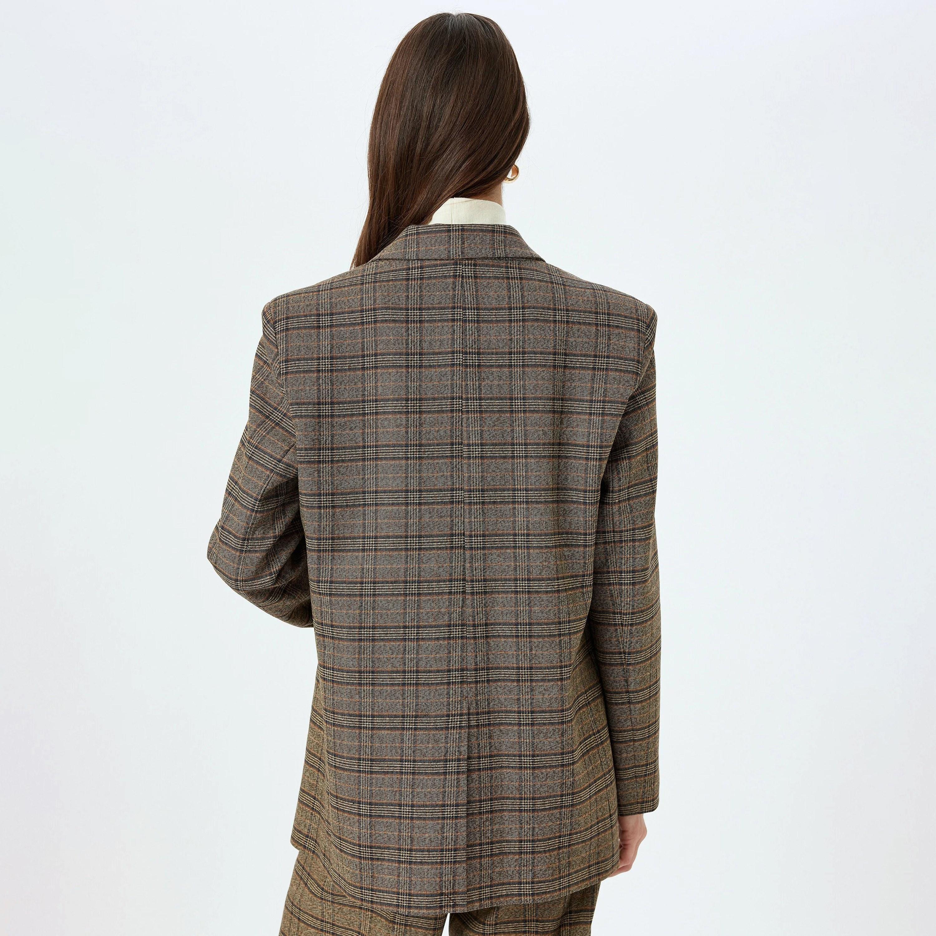KOTON Brown Checked Lapel collar Women's Single Breasted Blazer-women-clothing-coatsandjackets-blazers-image-3