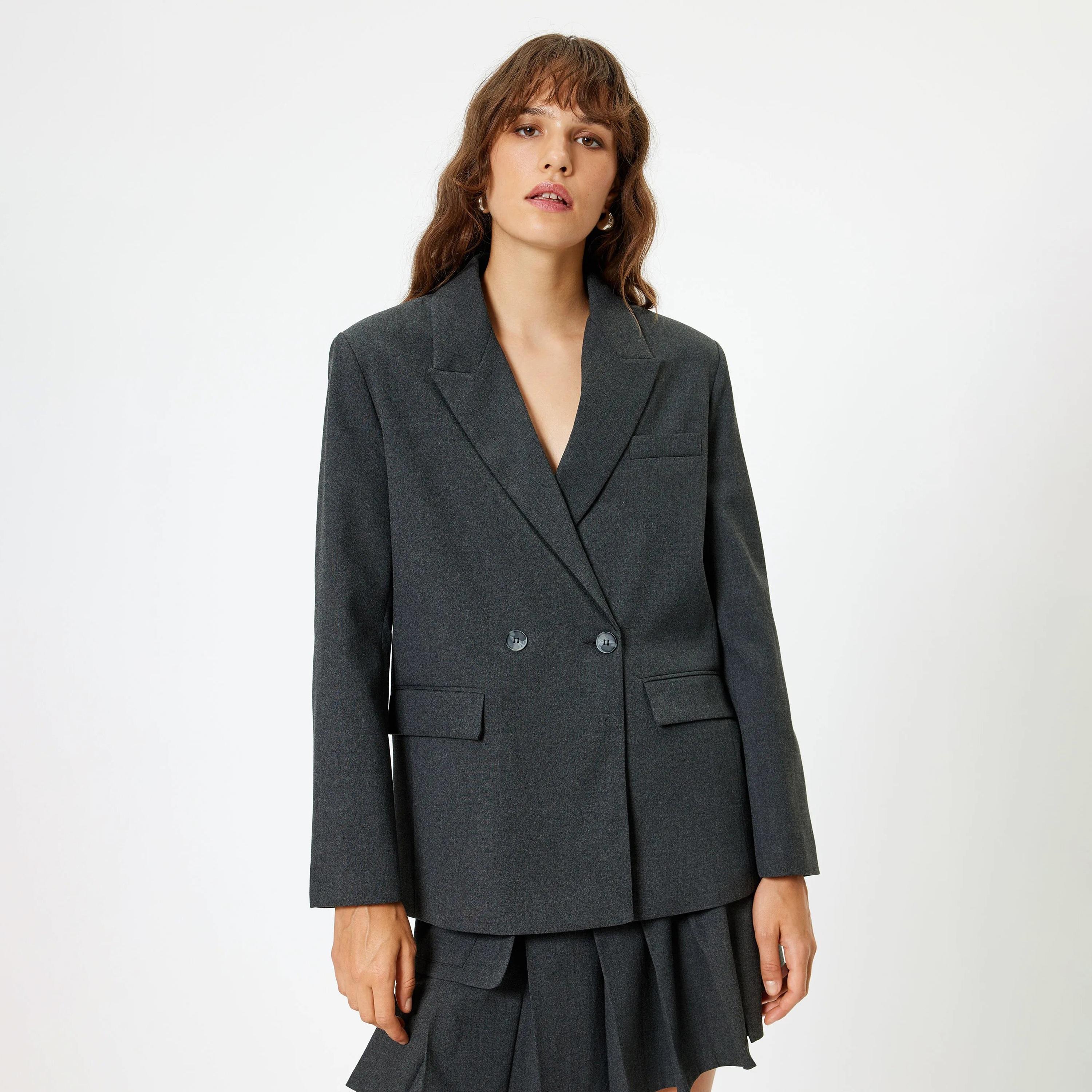KOTON Grey Lapel collar Women's Double Breasted Blazer-women-clothing-coatsandjackets-blazers-image-1