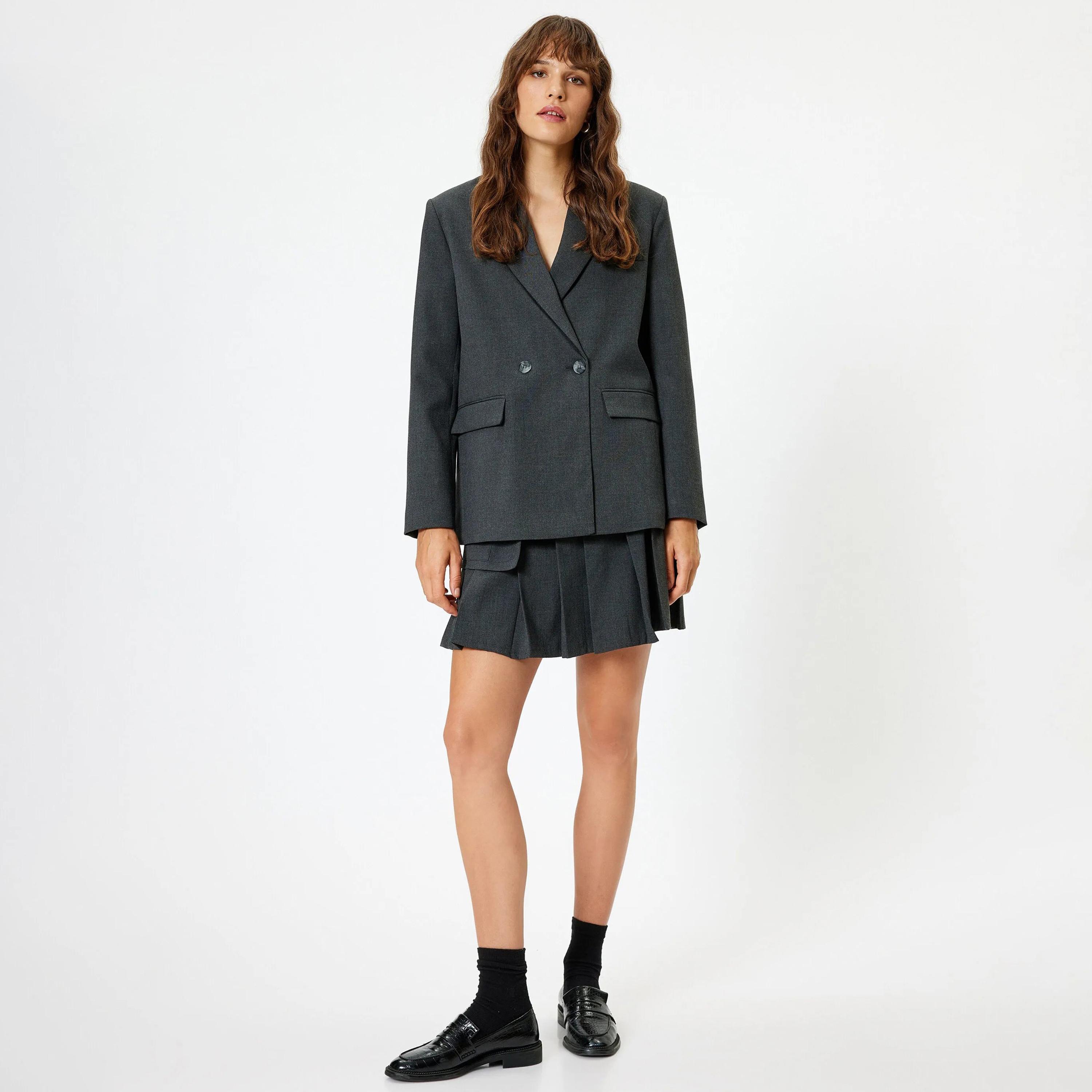 KOTON Grey Lapel collar Women's Double Breasted Blazer-women-clothing-coatsandjackets-blazers-image-2
