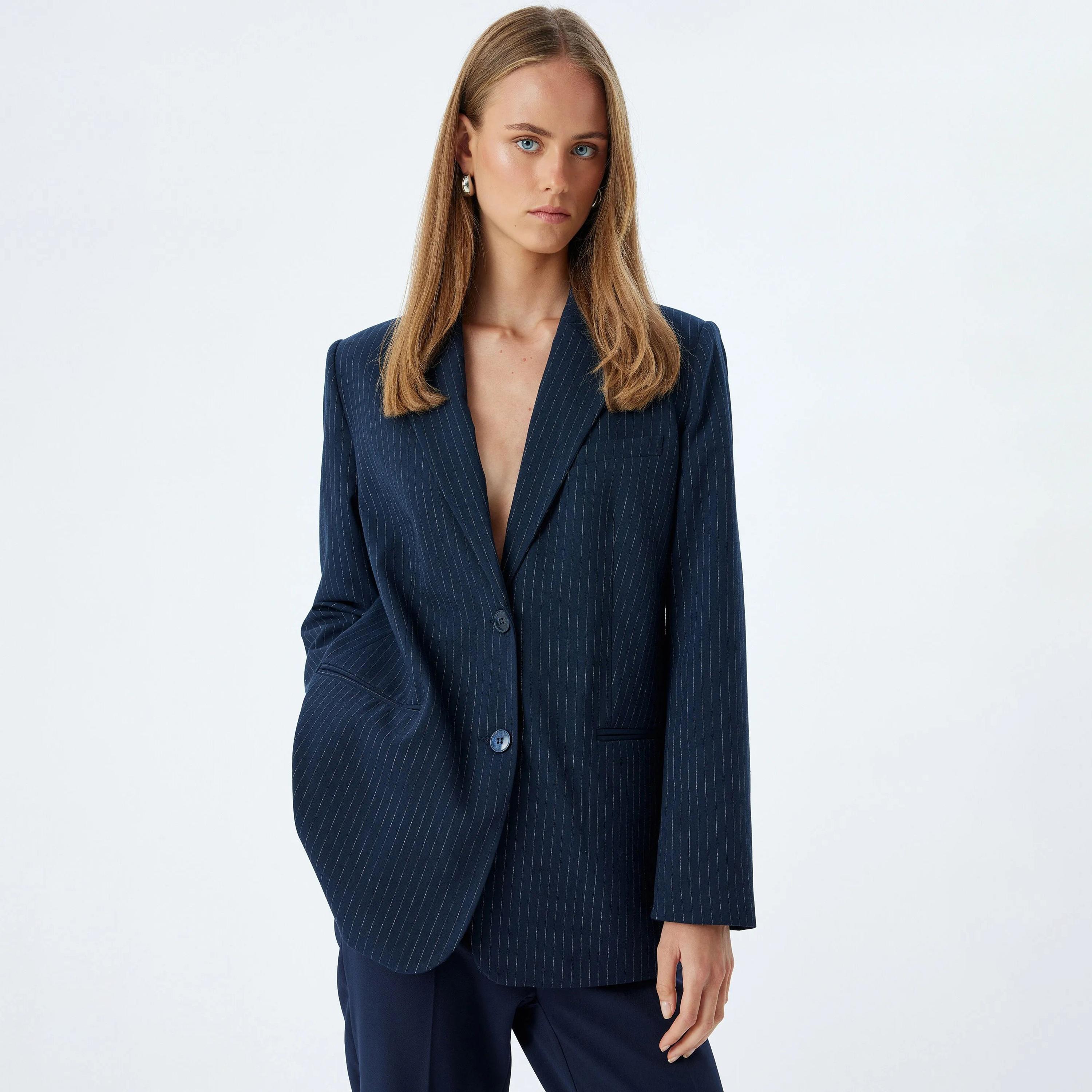 KOTON Blue Striped Lapel collar Women's Single Breasted Blazer-women-clothing-coatsandjackets-blazers-image-1