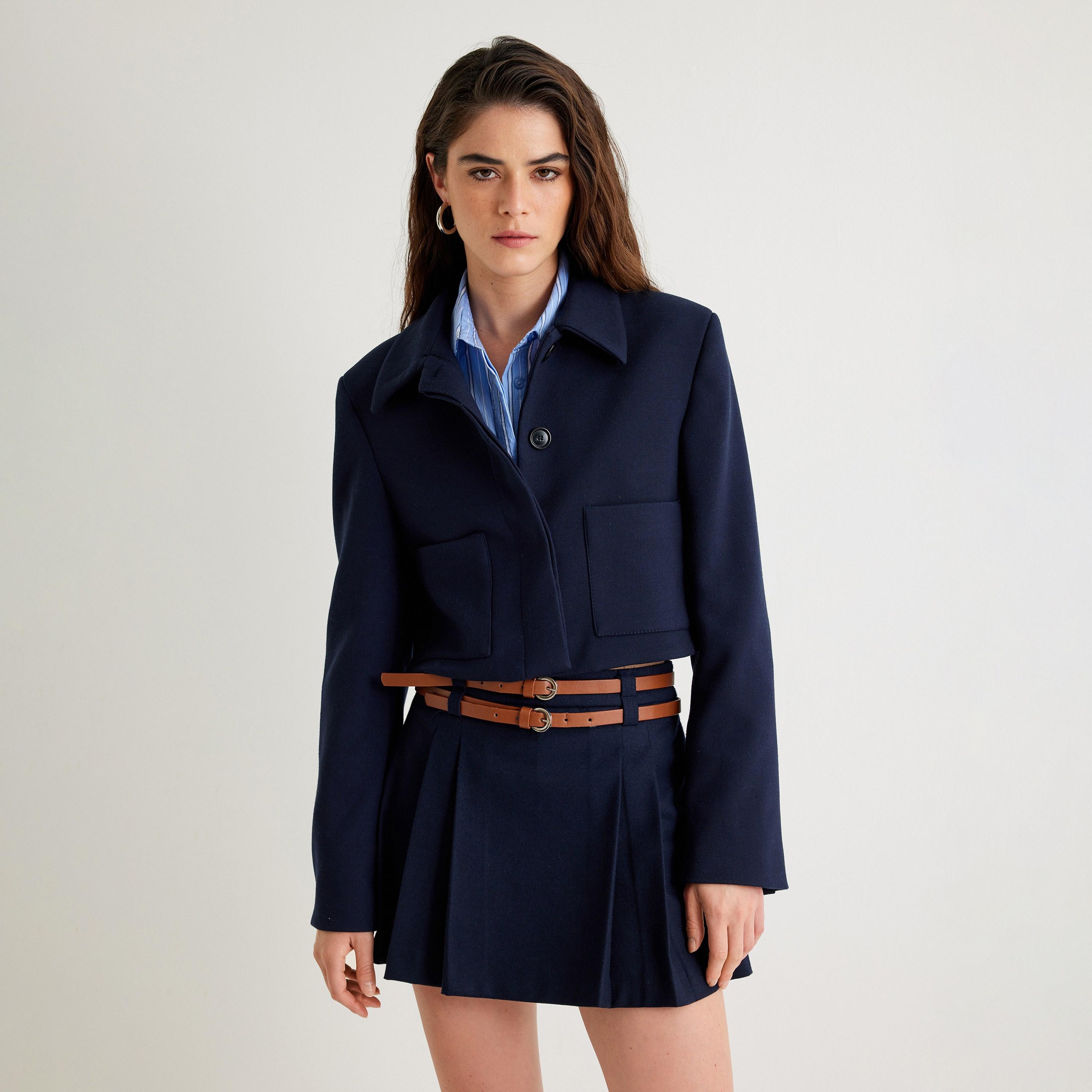 KOTON Navy Collared Women's Cropped Coat-women-winterwear-coatsandjackets-coats-image-1