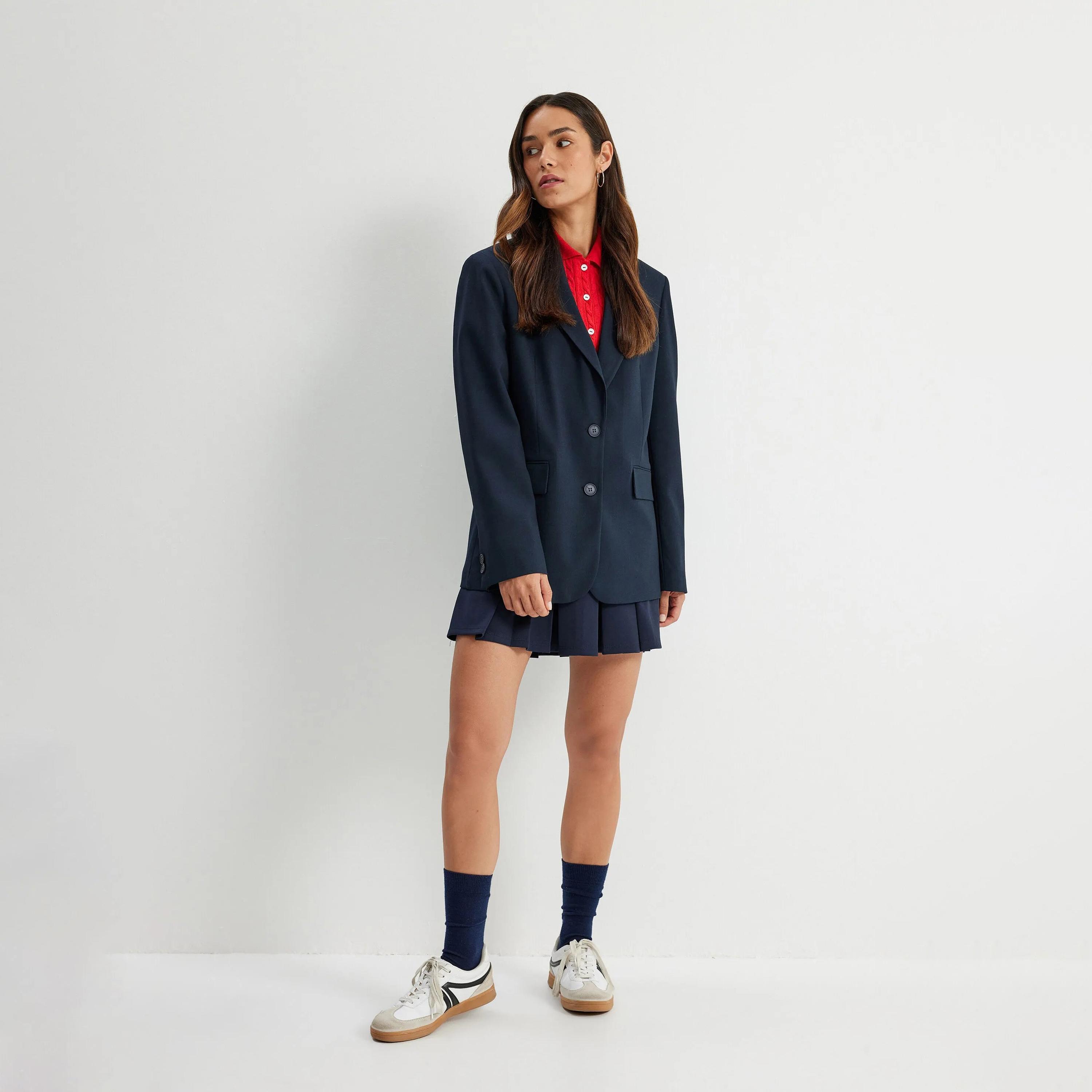 بليزر نسائي ذو ياقة زرقاء وصدر واحد من كوتون-women-clothing-coatsandjackets-blazers-image-2