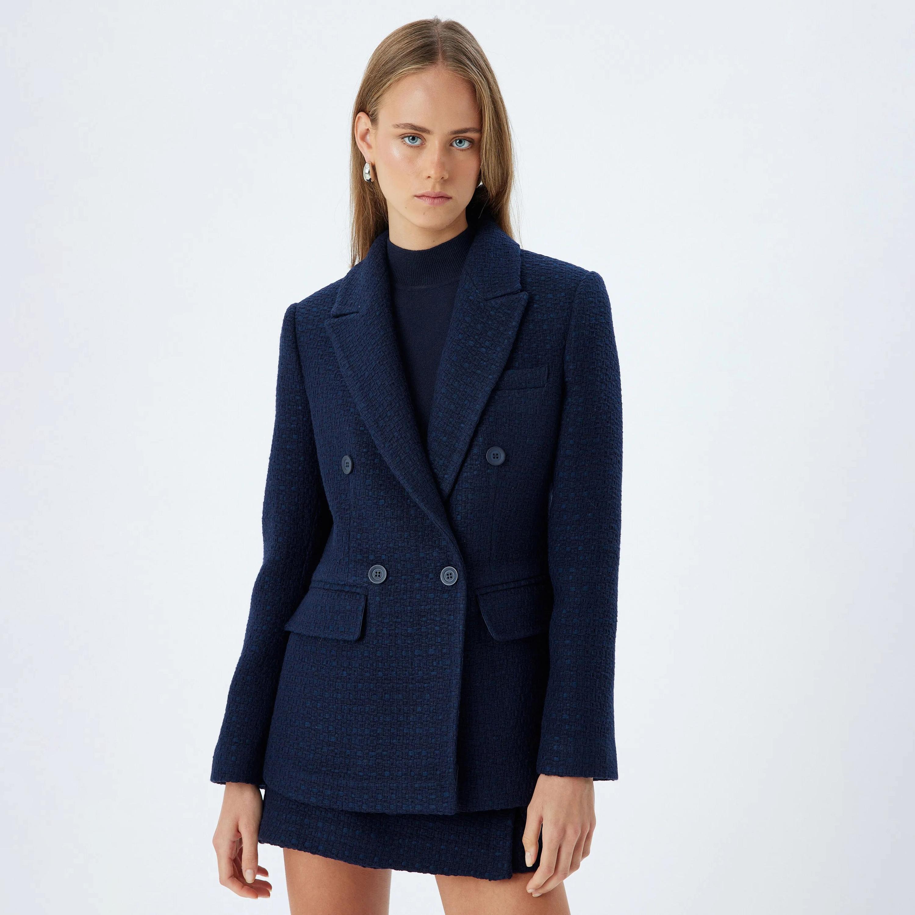 KOTON Blue Tweed Lapel collar Women's Double Breasted Blazer-women-clothing-coatsandjackets-blazers-image-1
