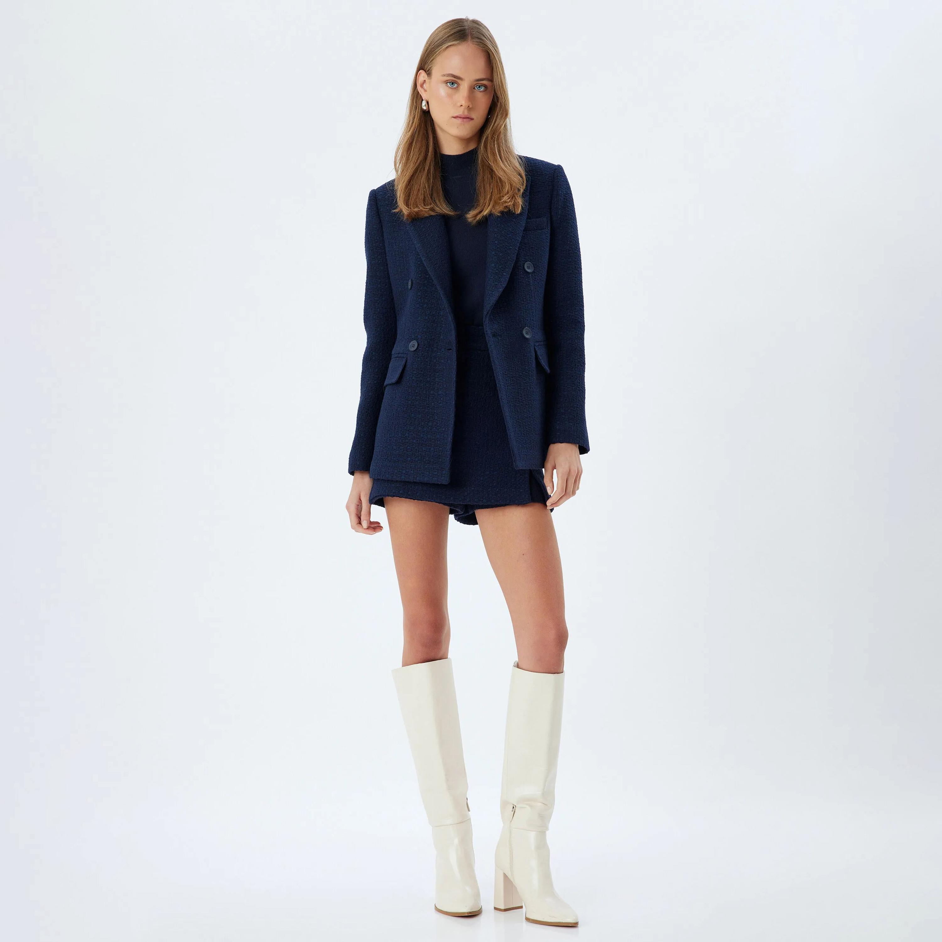 KOTON Blue Tweed Lapel collar Women's Double Breasted Blazer-women-clothing-coatsandjackets-blazers-image-2