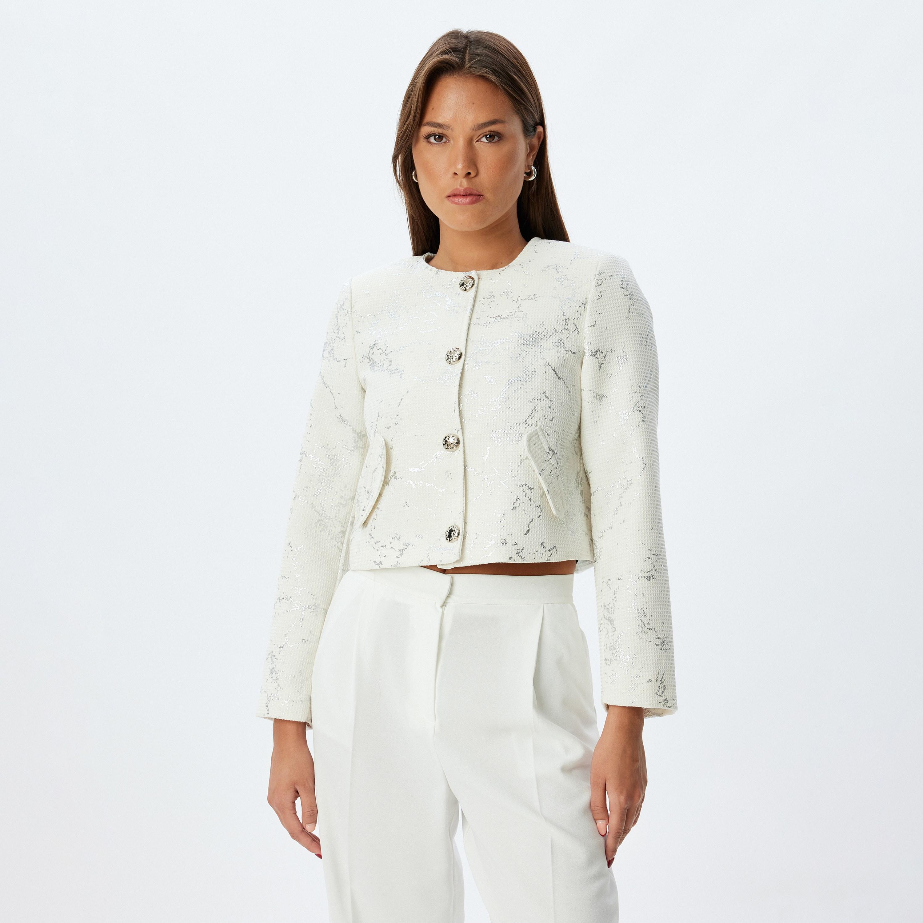 KOTON White Metallic Collarless Women's Cropped Jacket-women-winterwear-coatsandjackets-jackets-image-1