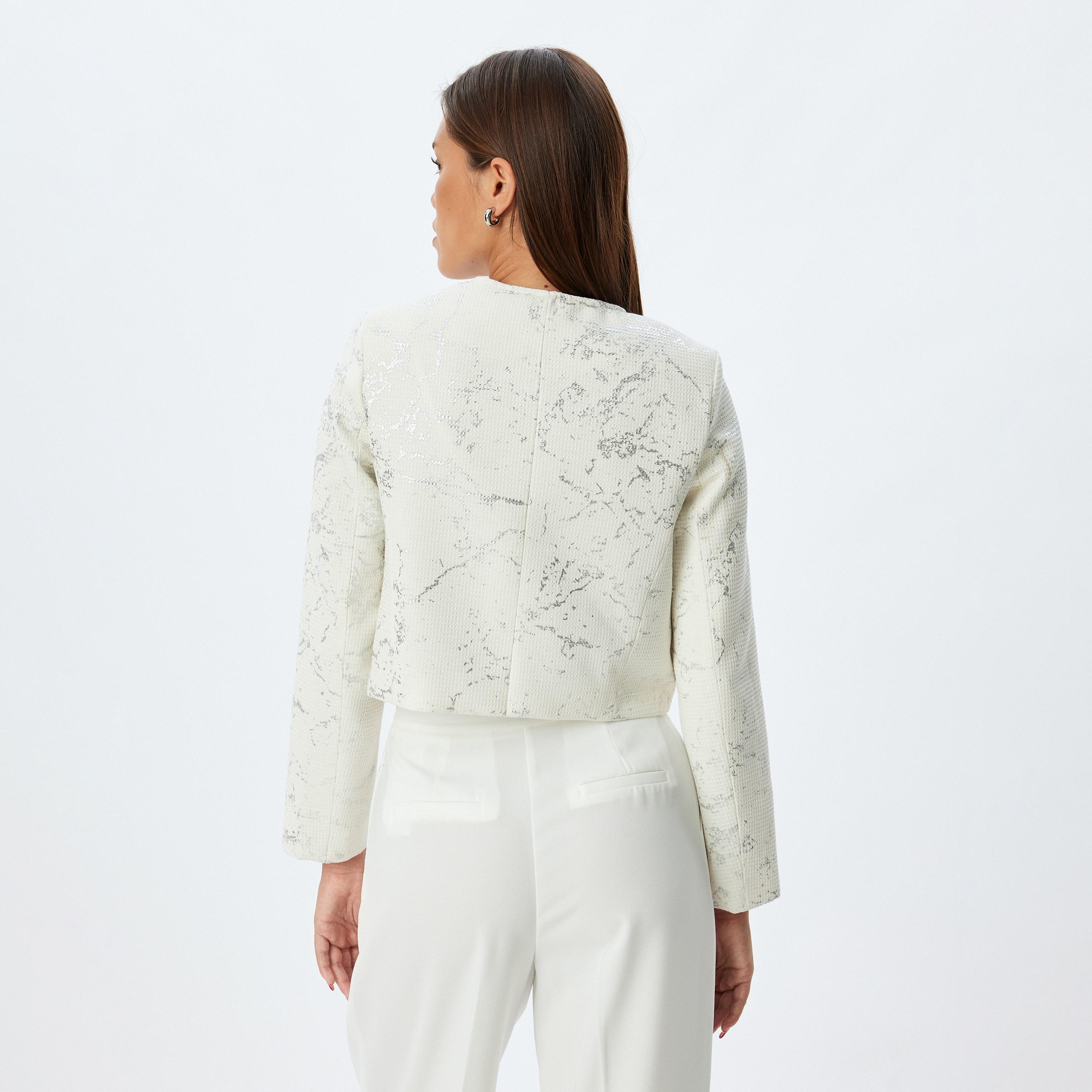 KOTON White Metallic Collarless Women's Cropped Jacket-women-winterwear-coatsandjackets-jackets-image-3