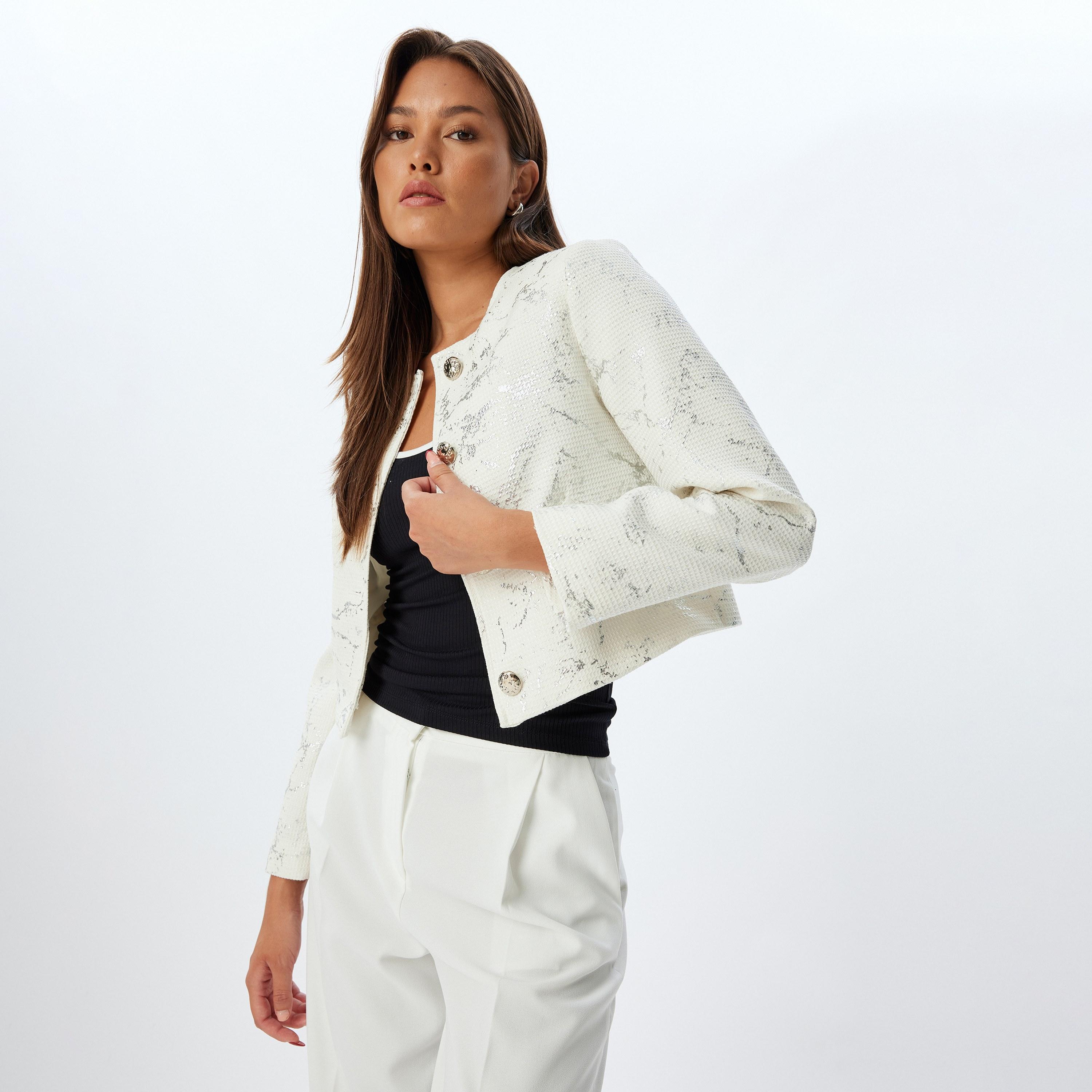 KOTON White Metallic Collarless Women's Cropped Jacket-women-winterwear-coatsandjackets-jackets-image-5
