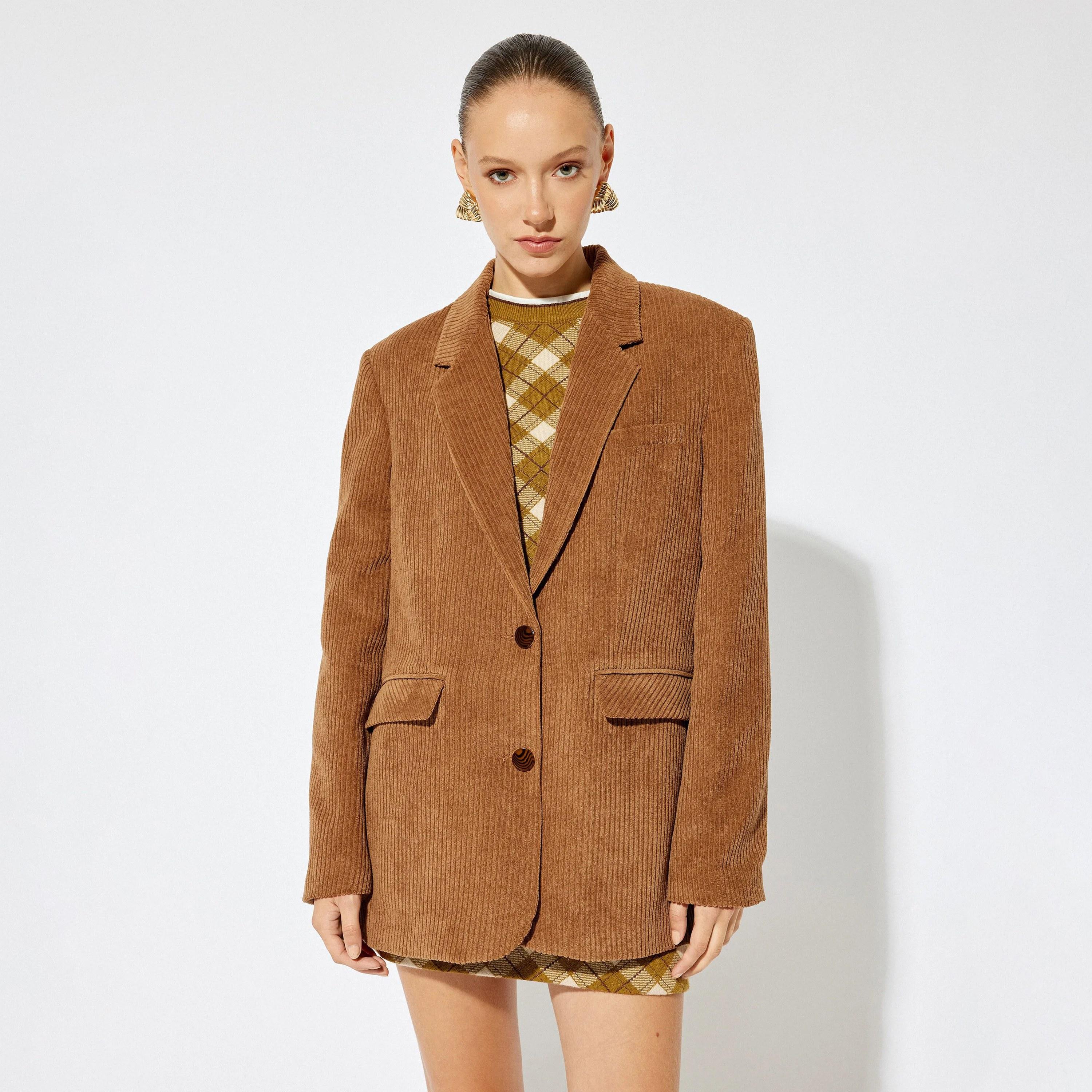 KOTON Brown Corduroy Lapel collar Women's Single Breasted Blazer-women-clothing-coatsandjackets-blazers-image-1