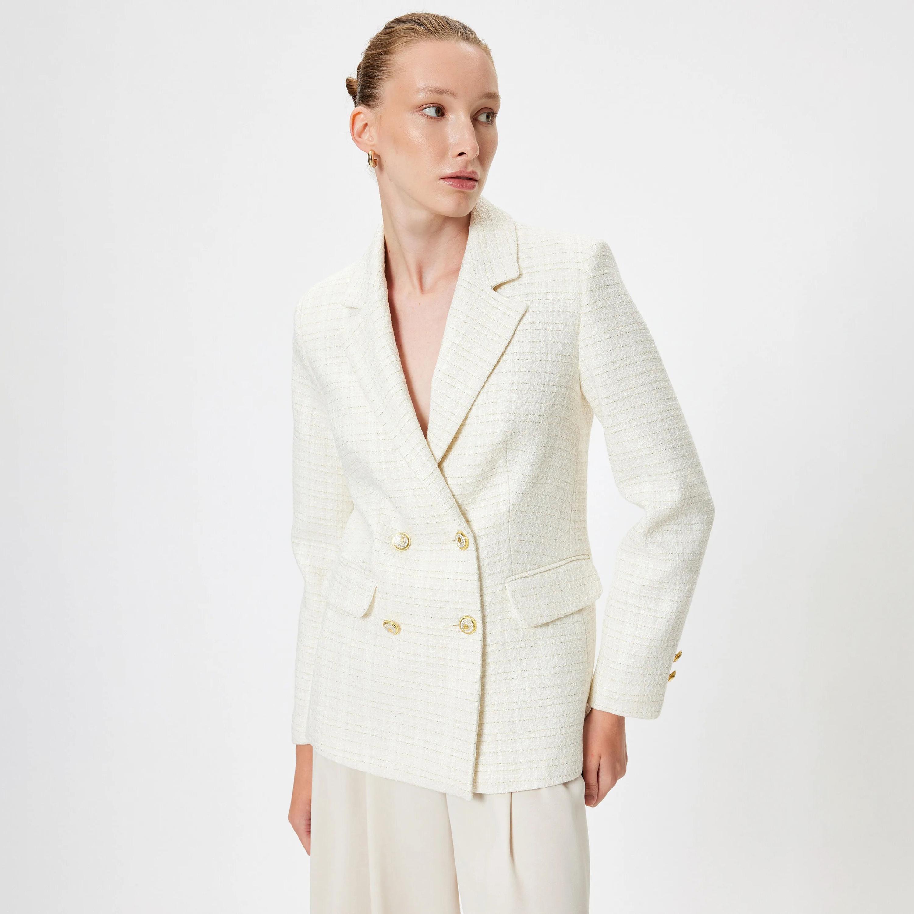 KOTON White Tweed Lapel collar Women's Double Breasted Blazer-women-clothing-coatsandjackets-blazers-image-1