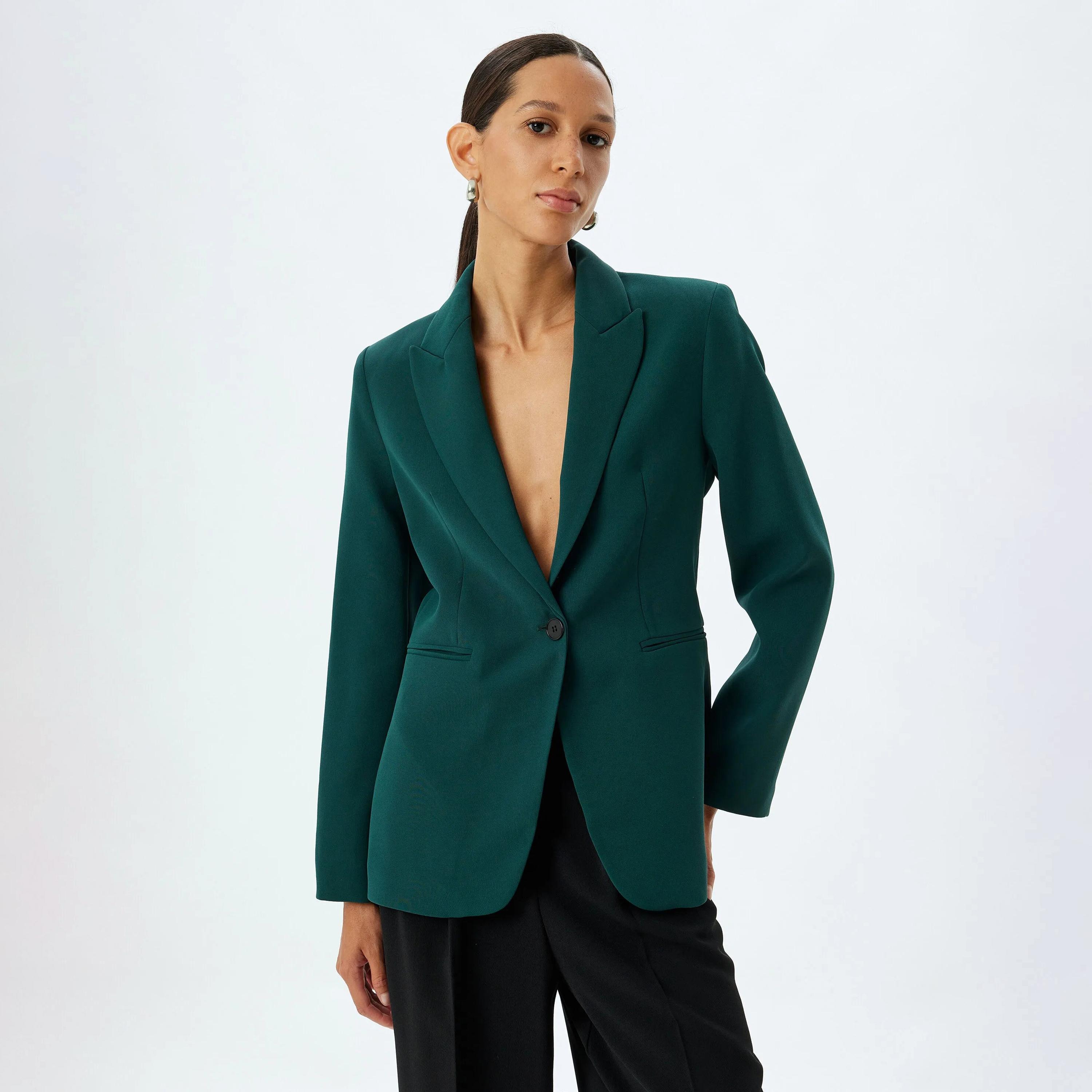 بليزر نسائي ذو ياقة طية صدر خضراء وصدر واحد من كوتون-women-clothing-coatsandjackets-blazers-image-1