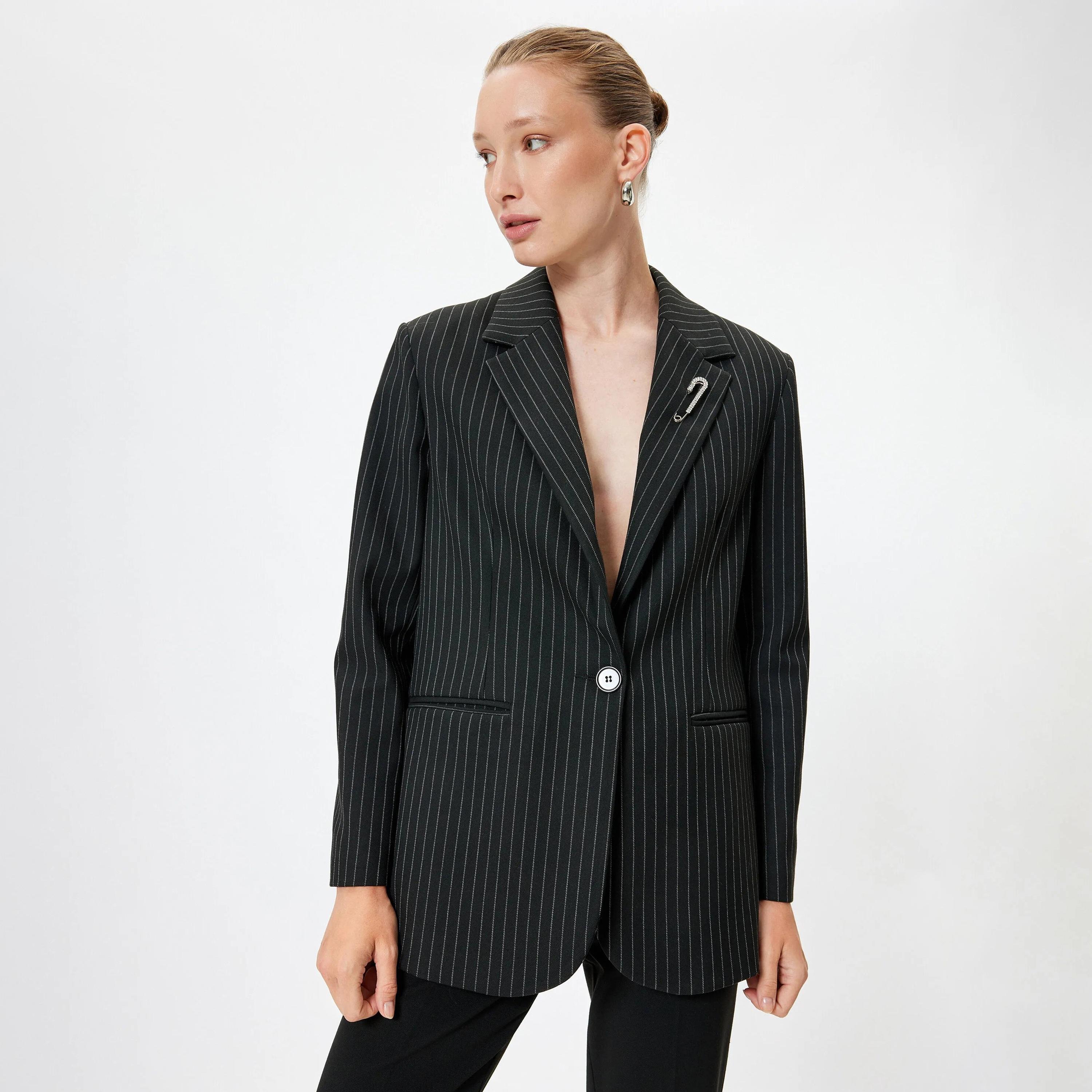 KOTON Black Striped Lapel collar Women's Single Breasted Blazer-women-clothing-coatsandjackets-blazers-image-1