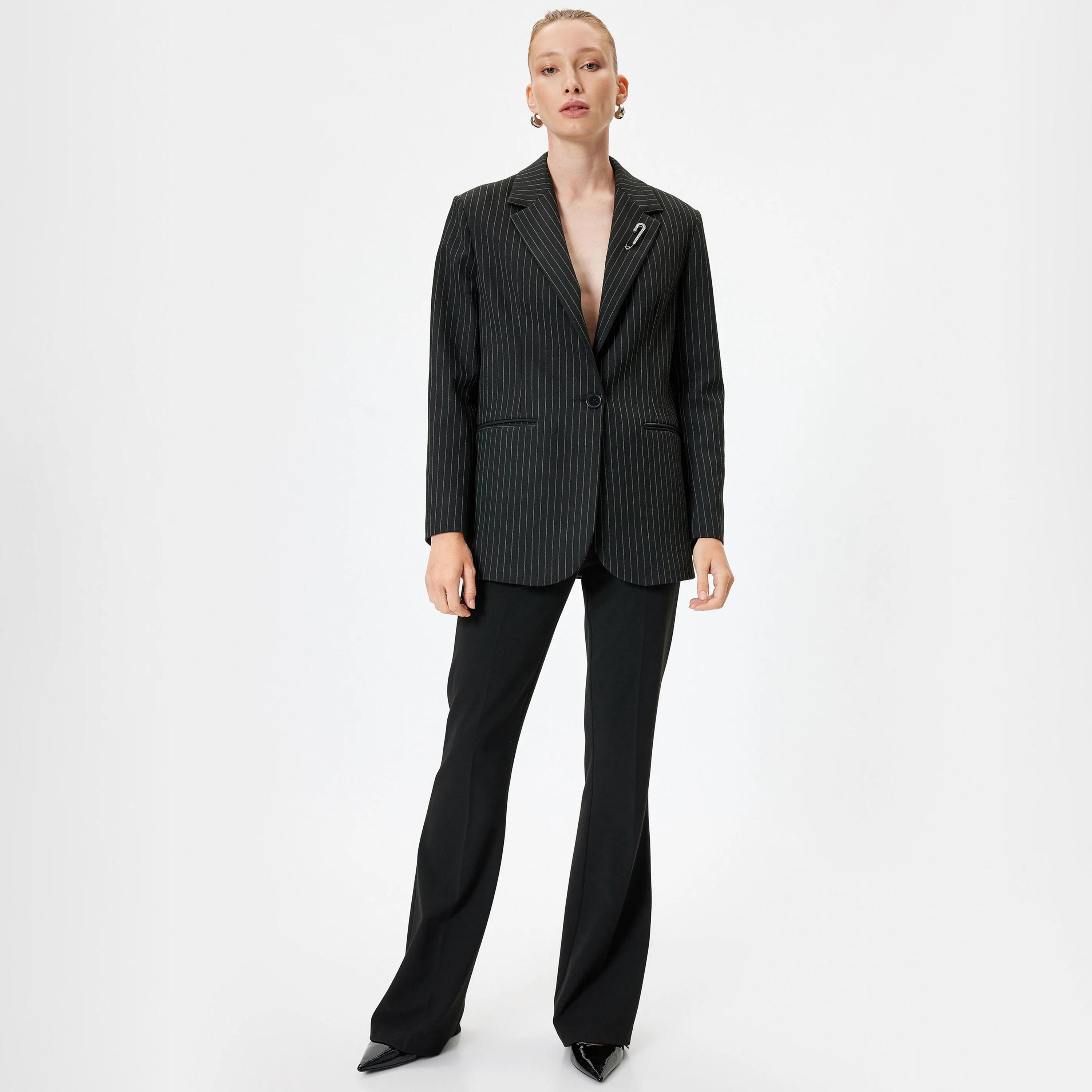 KOTON Black Striped Lapel collar Women's Single Breasted Blazer-women-clothing-coatsandjackets-blazers-image-2