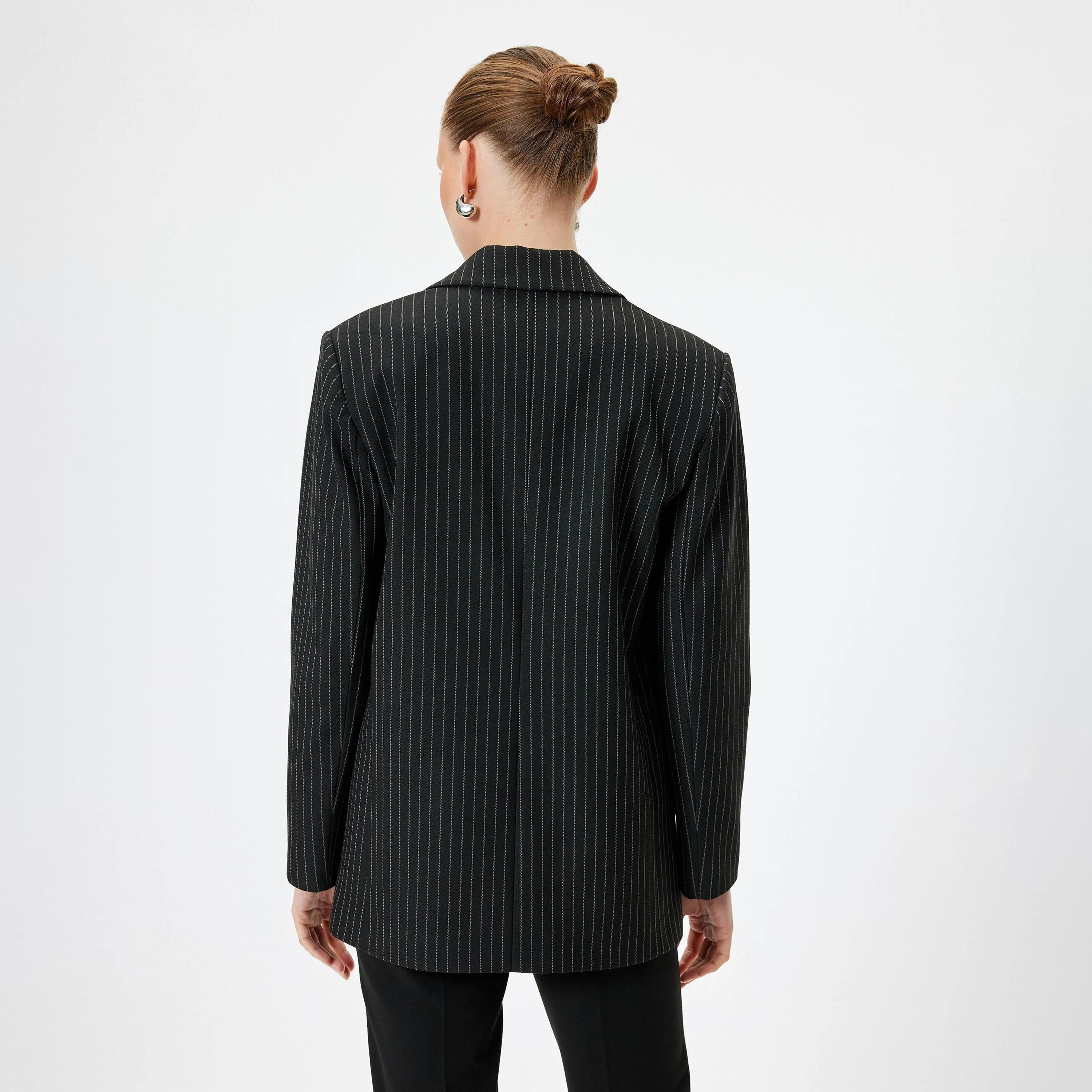 KOTON Black Striped Lapel collar Women's Single Breasted Blazer-women-clothing-coatsandjackets-blazers-image-3