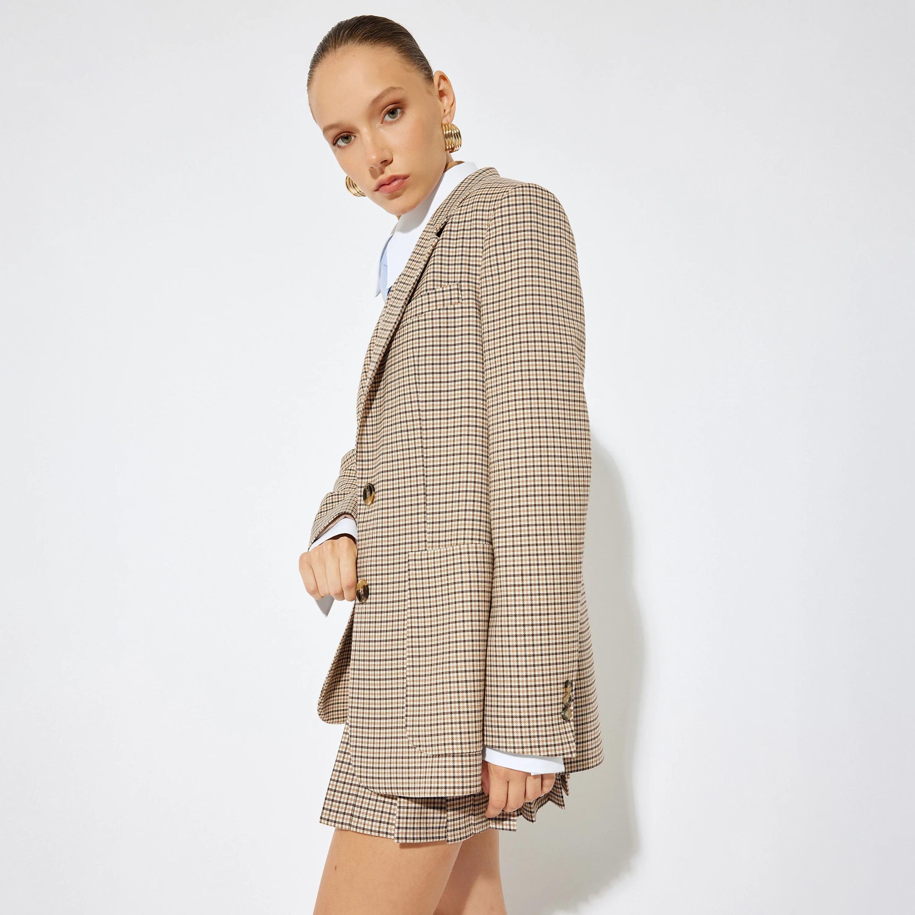 KOTON Brown Checked Lapel collar Women's Single Breasted Blazer-women-clothing-coatsandjackets-blazers-image-4