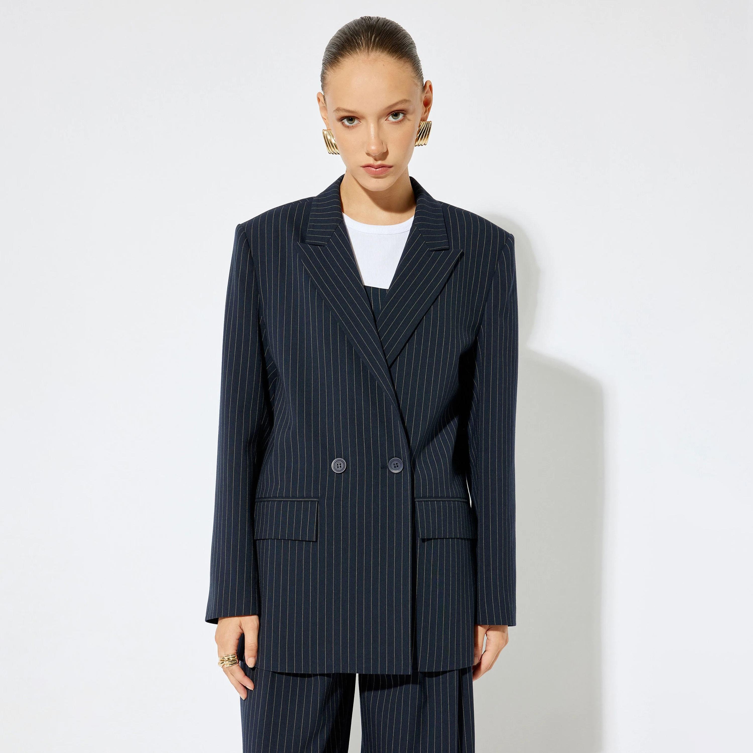 KOTON Blue Striped Lapel collar Women's Double Breasted Blazer-women-clothing-coatsandjackets-blazers-image-1
