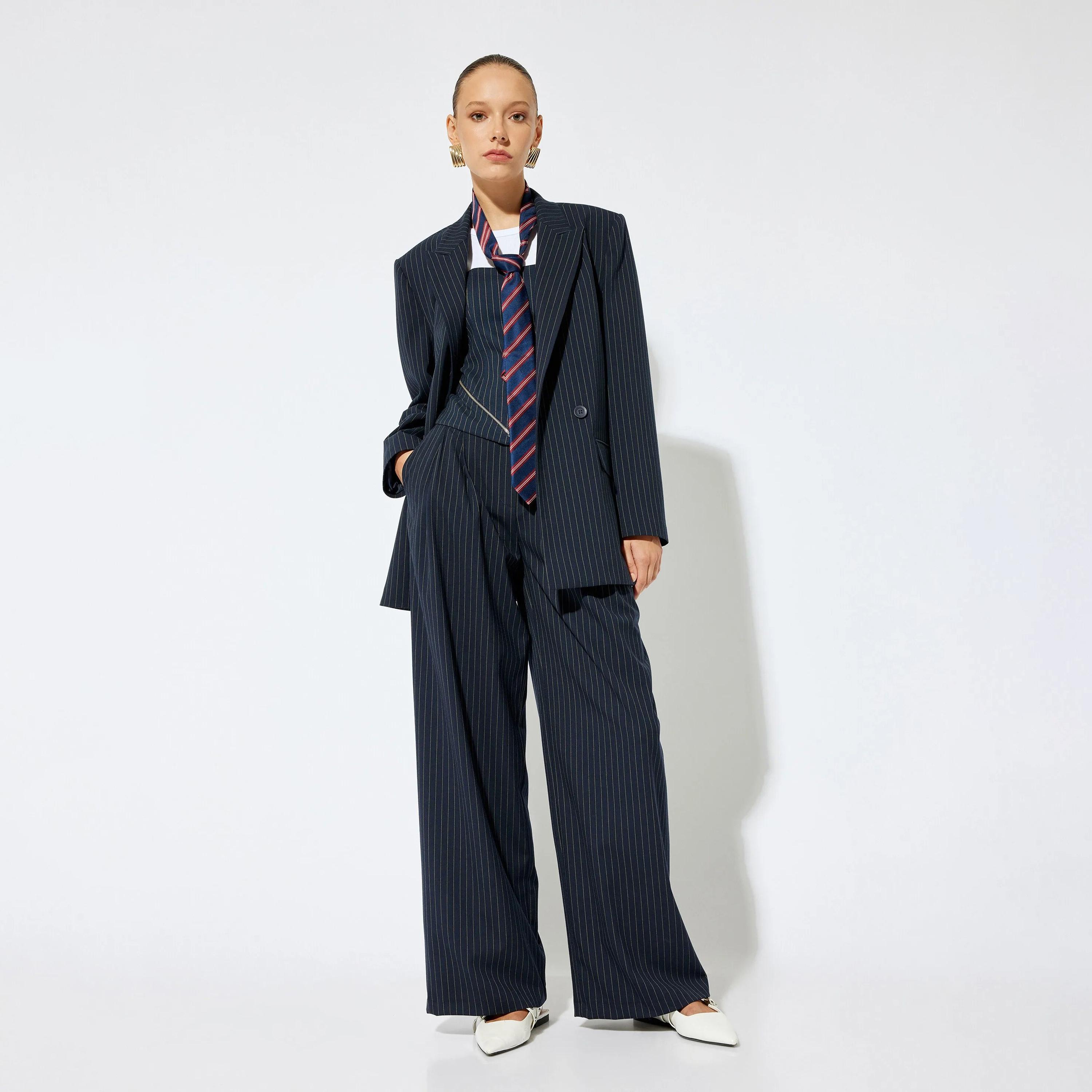 KOTON Blue Striped Lapel collar Women's Double Breasted Blazer-women-clothing-coatsandjackets-blazers-image-2