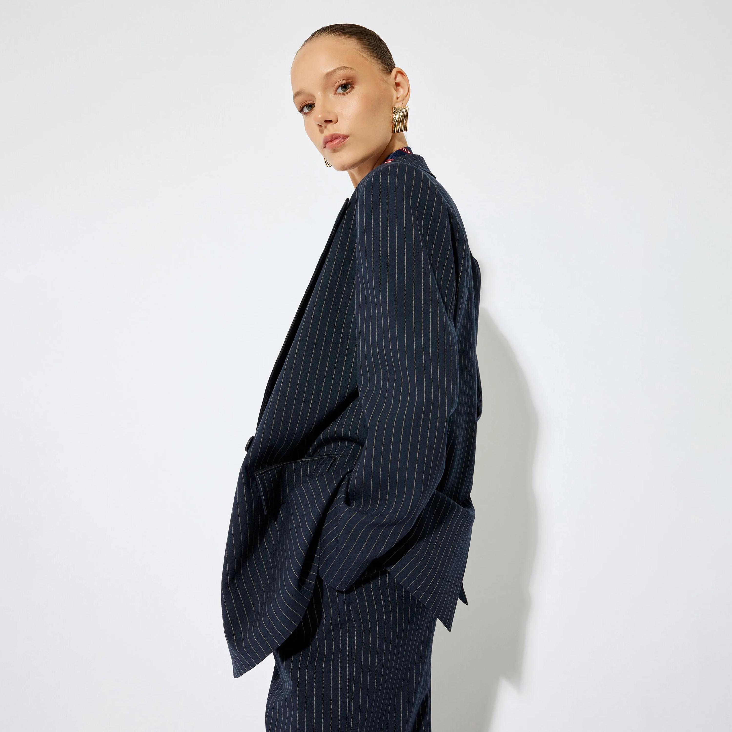 KOTON Blue Striped Lapel collar Women's Double Breasted Blazer-women-clothing-coatsandjackets-blazers-image-4