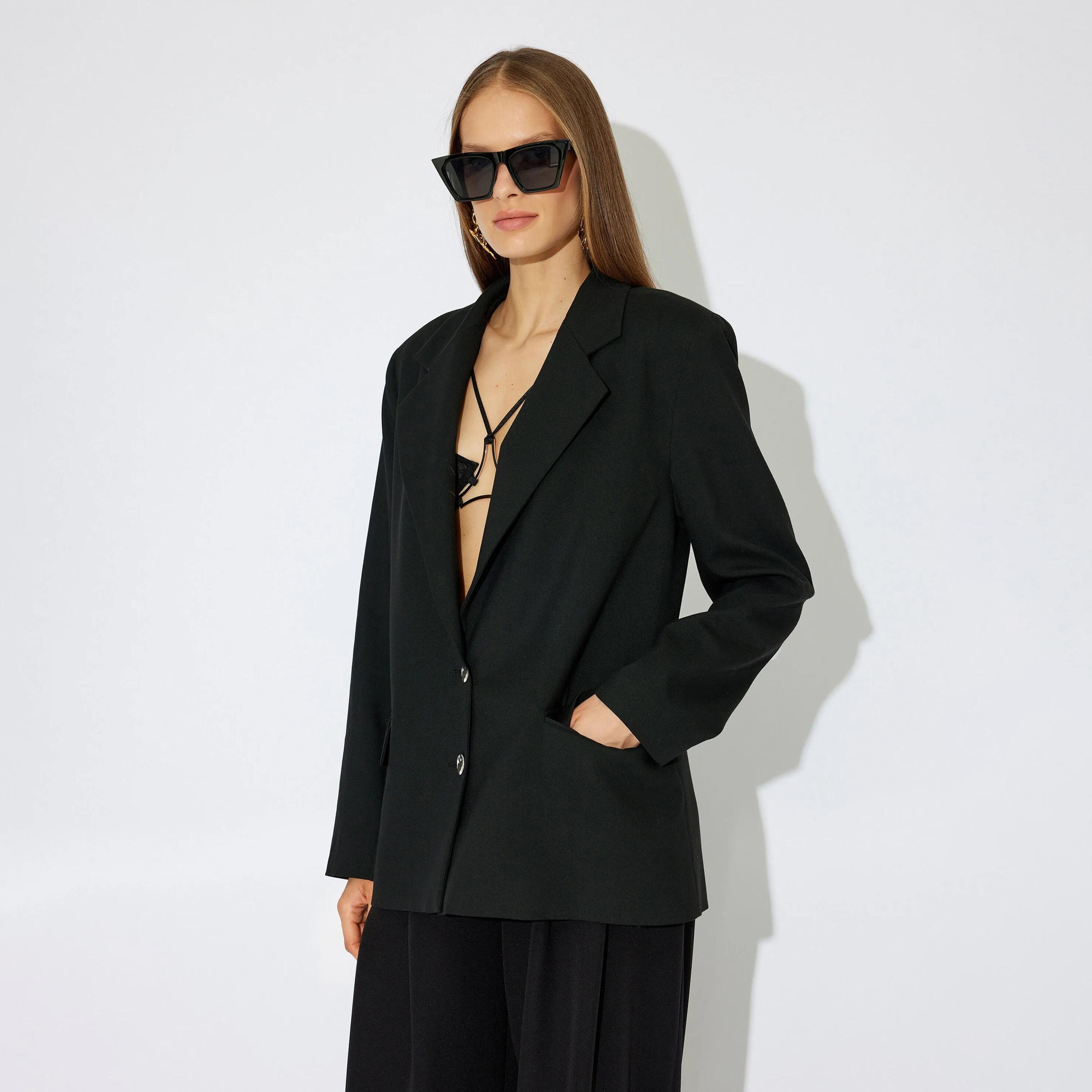 KOTON Black Lapel collar Women's Single Breasted Blazer-women-clothing-coatsandjackets-blazers-image-1