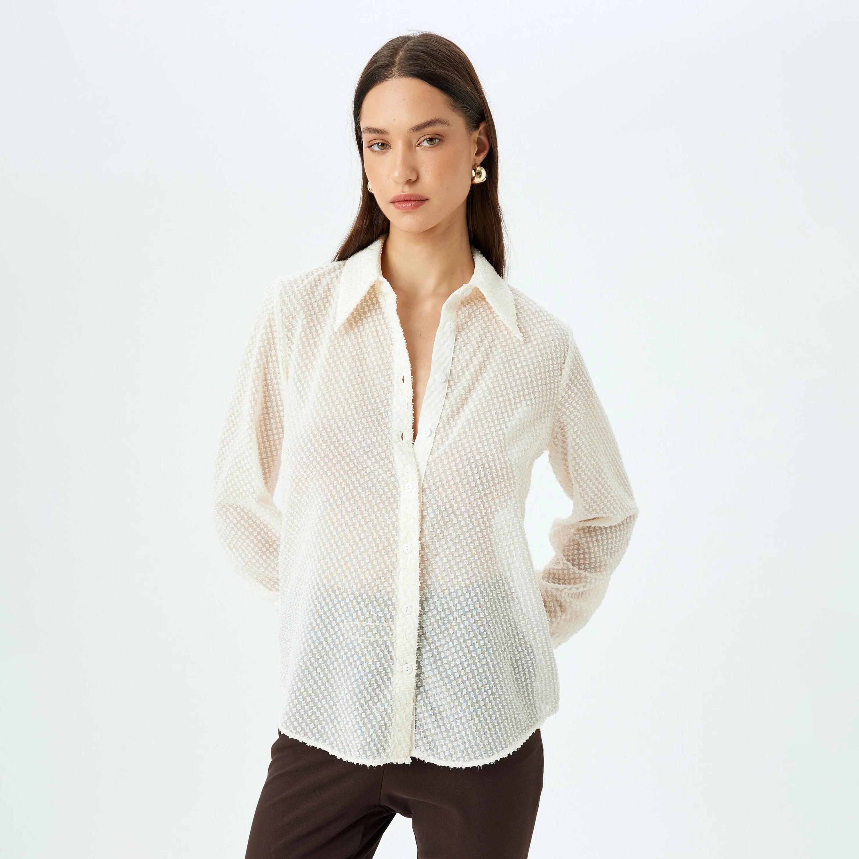 قميص نسائي كريمي دوبي شبه شفاف بياقة من كوتون-women-clothing-shirtsandblouses-shirts-image-1