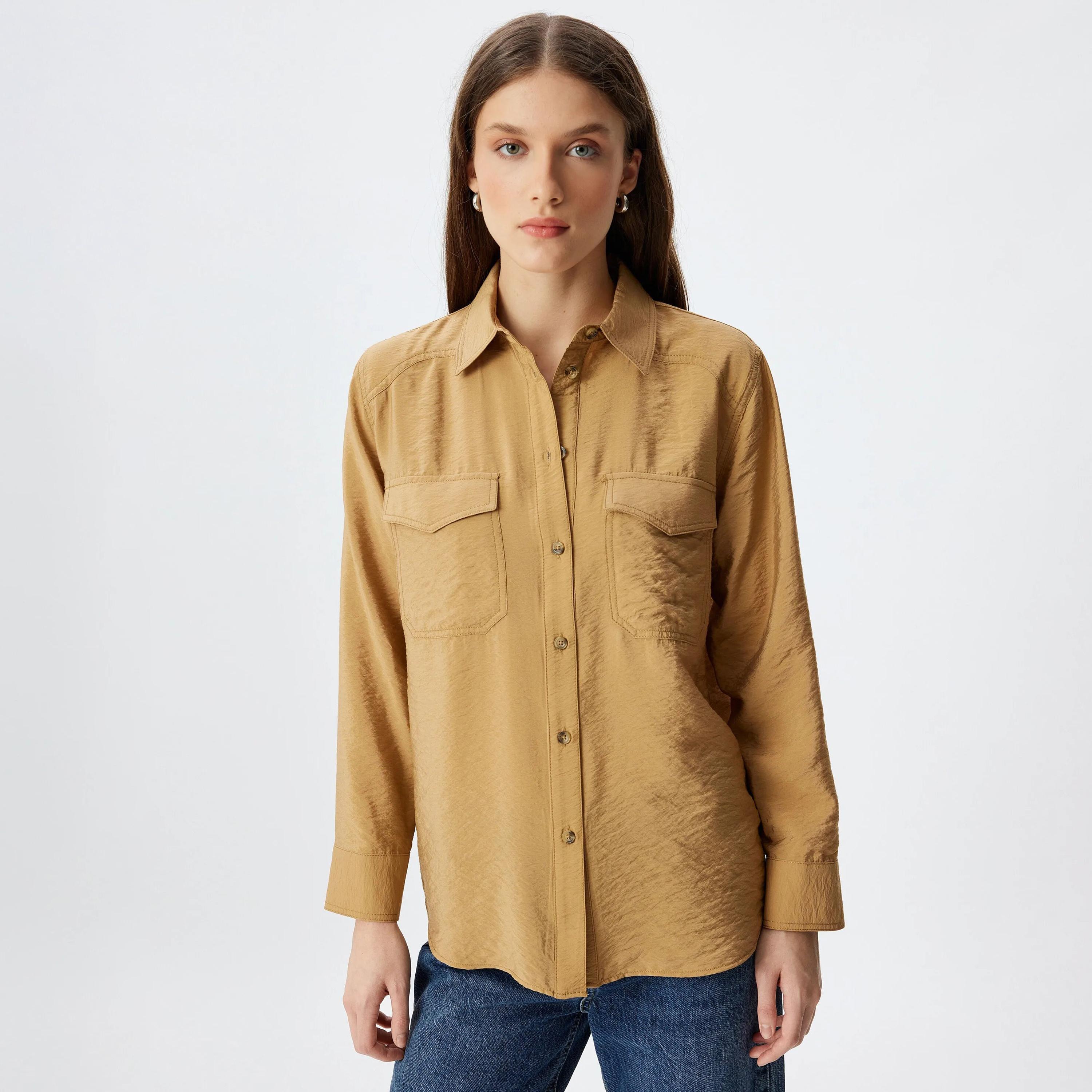 KOTON Brown Textured Collared Women's Shirt-women-clothing-shirtsandblouses-shirts-image-1