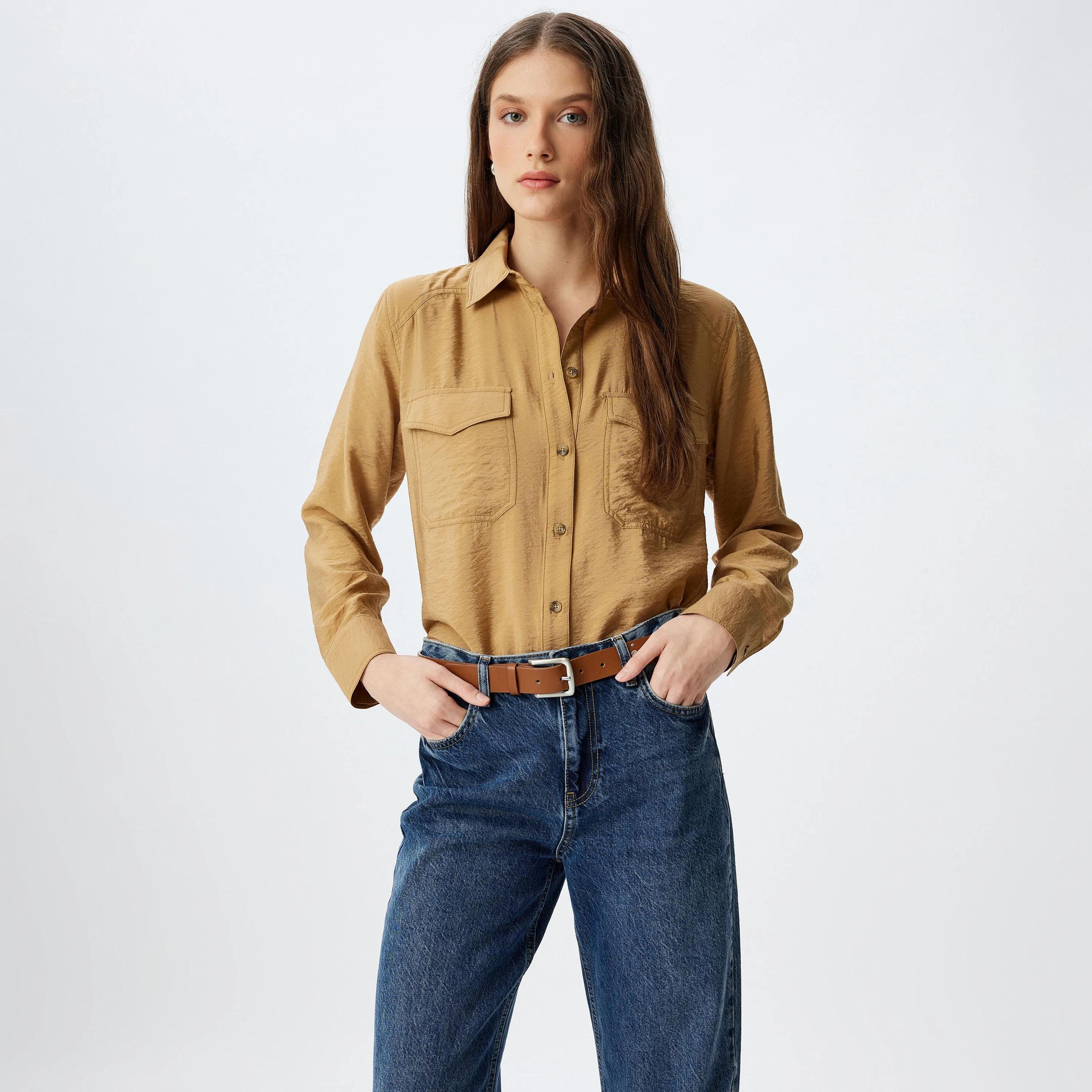 KOTON Brown Textured Collared Women's Shirt-women-clothing-shirtsandblouses-shirts-image-2