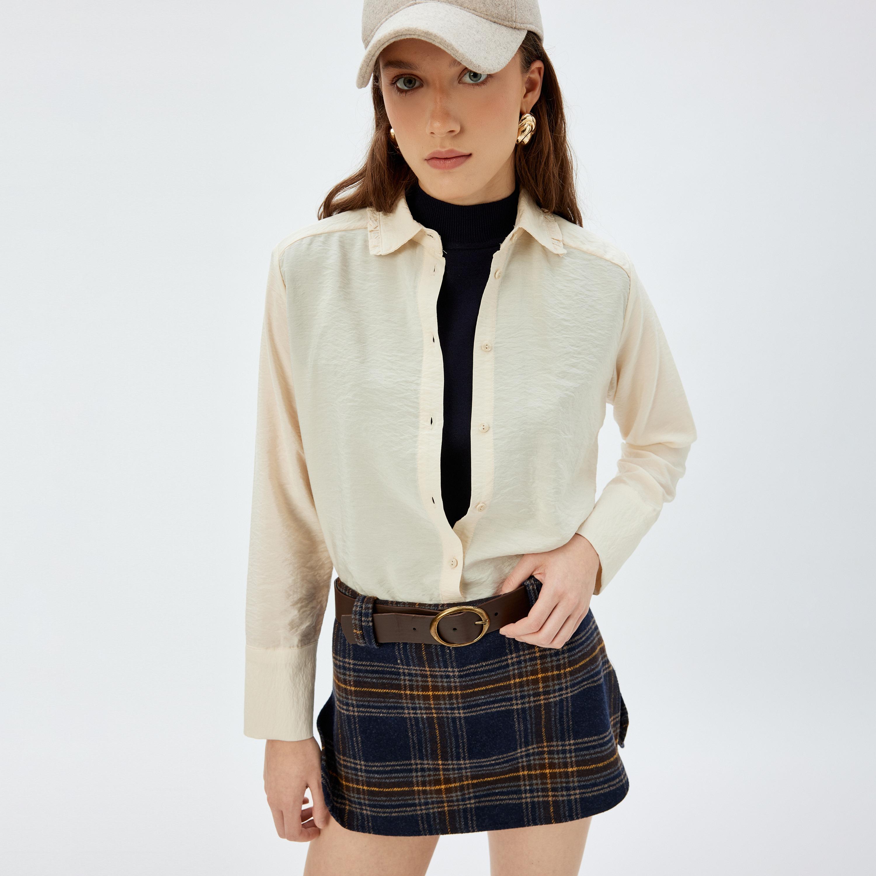 KOTON Beige Textured Collared Women's Shirt-women-clothing-shirtsandblouses-shirts-image-4