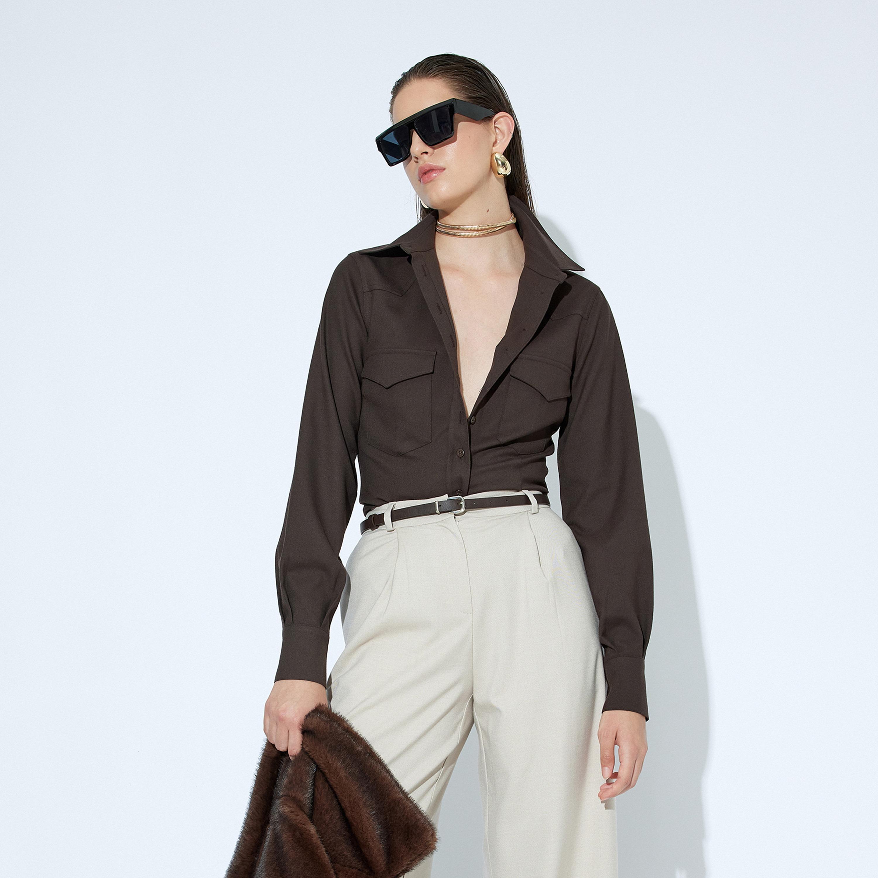 قميص نسائي بياقة بلون بني من كوتون-women-clothing-shirtsandblouses-shirts-image-1
