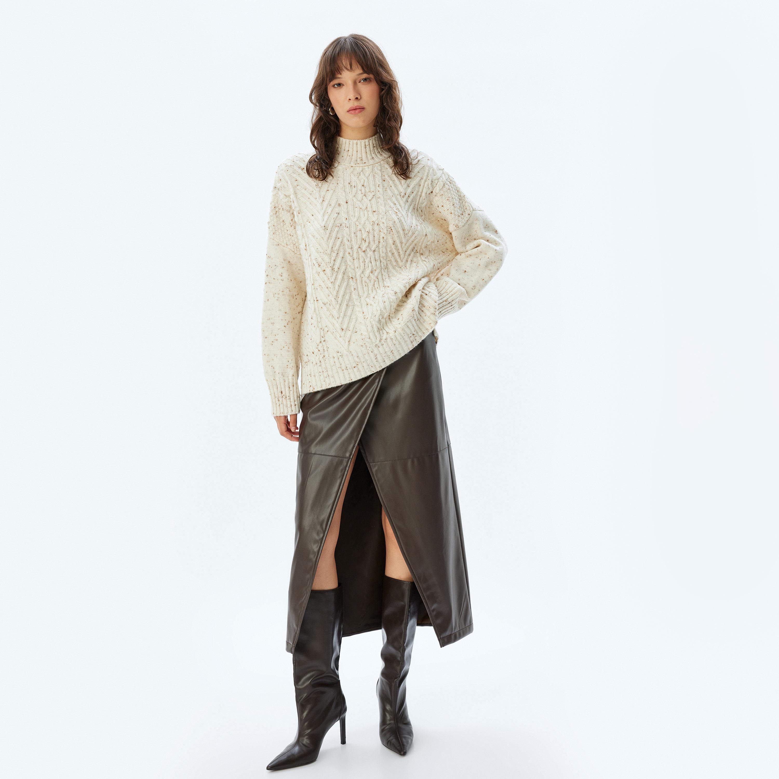 KOTON Brown Faux Leather Wrap Women's Skirt-women-clothing-bottoms-skirts-image-2