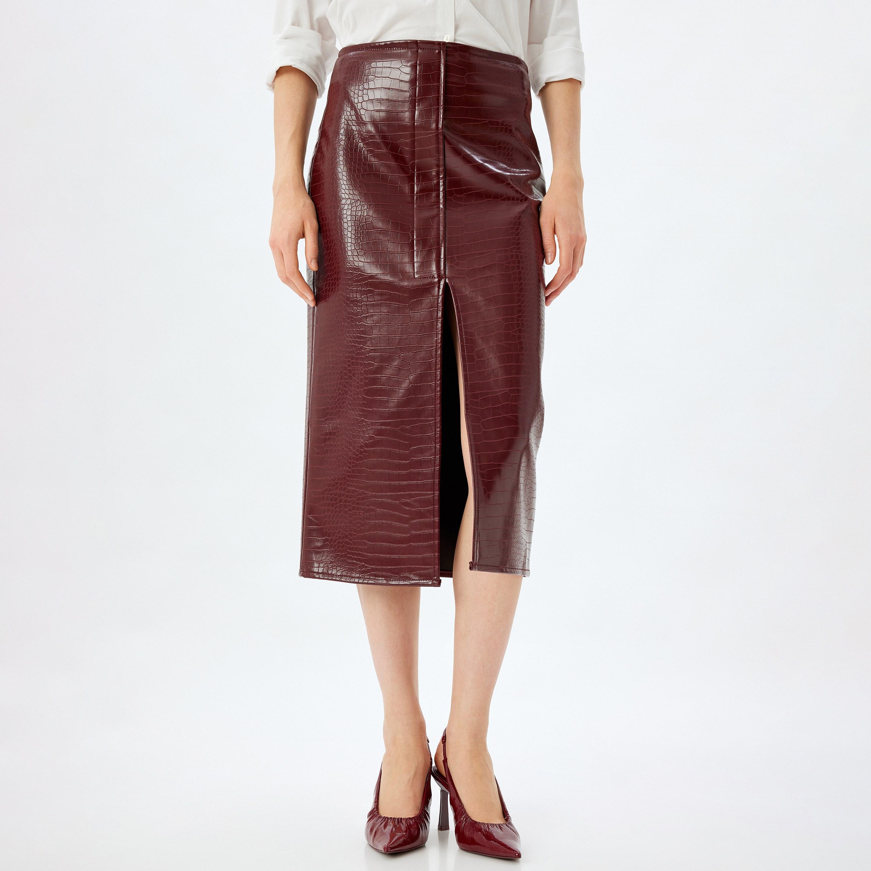 KOTON Burgundy Croc-Textured Faux Leather Pencil Women's Skirt-women-clothing-bottoms-skirts-image-1