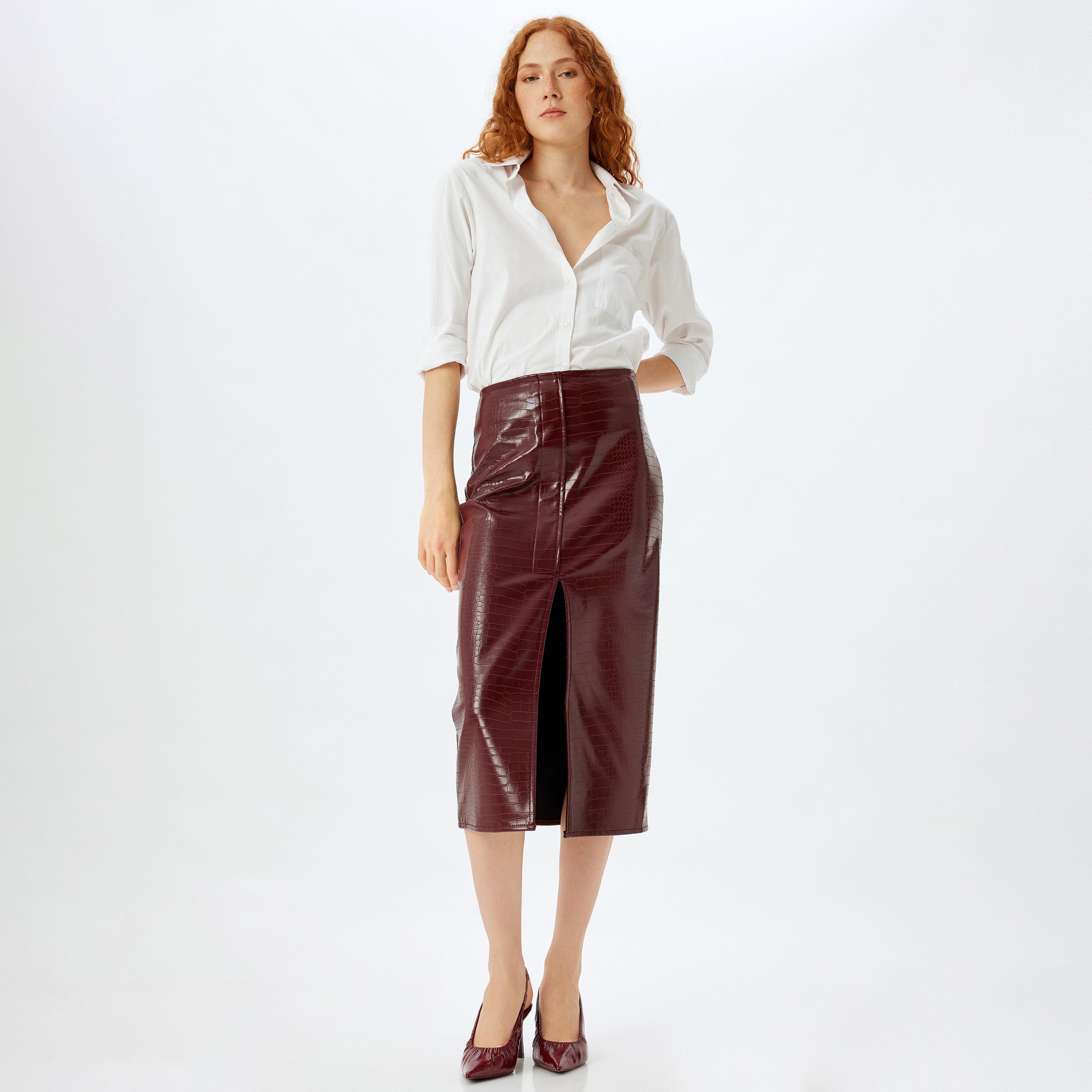 KOTON Burgundy Croc-Textured Faux Leather Pencil Women's Skirt-women-clothing-bottoms-skirts-image-2