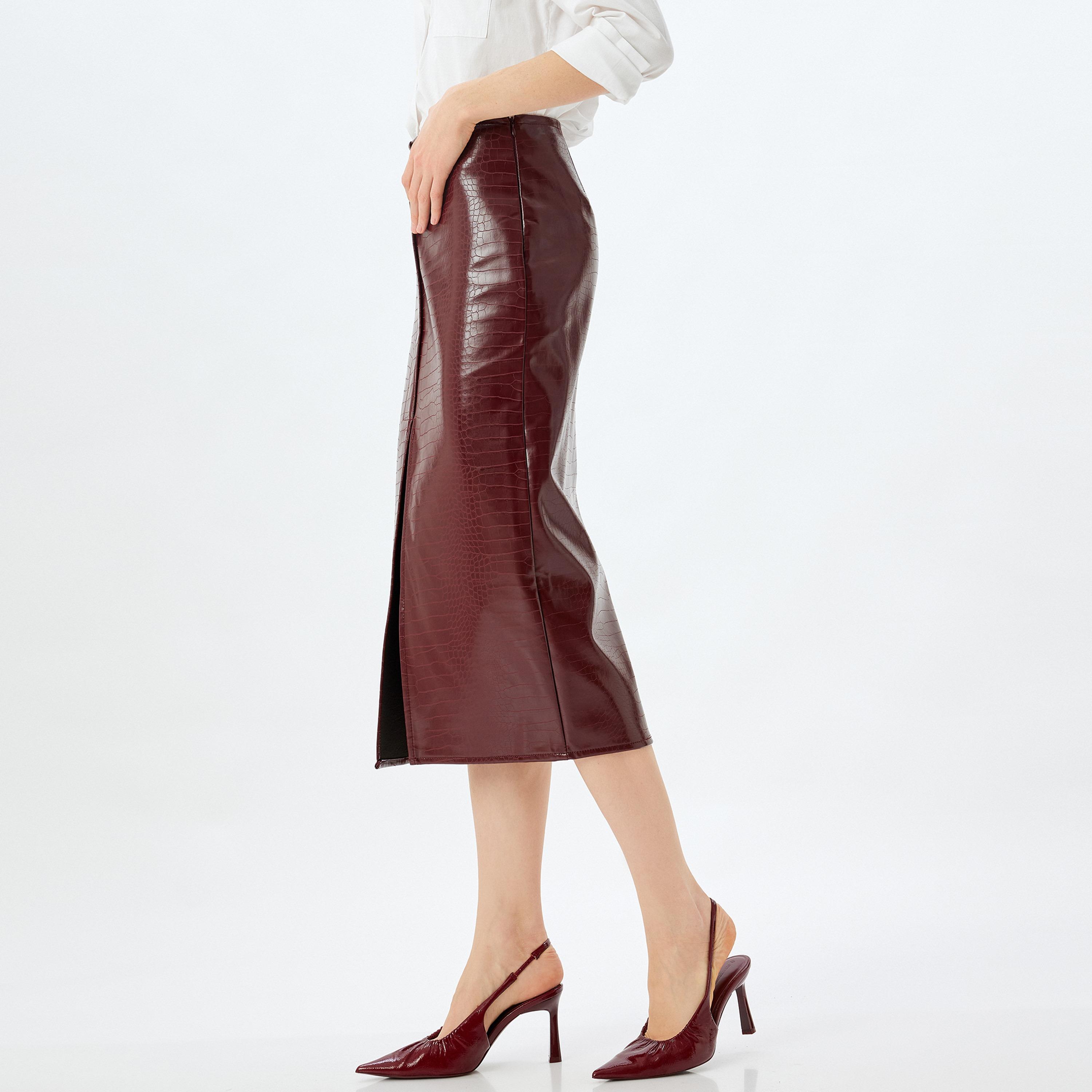 KOTON Burgundy Croc-Textured Faux Leather Pencil Women's Skirt-women-clothing-bottoms-skirts-image-3