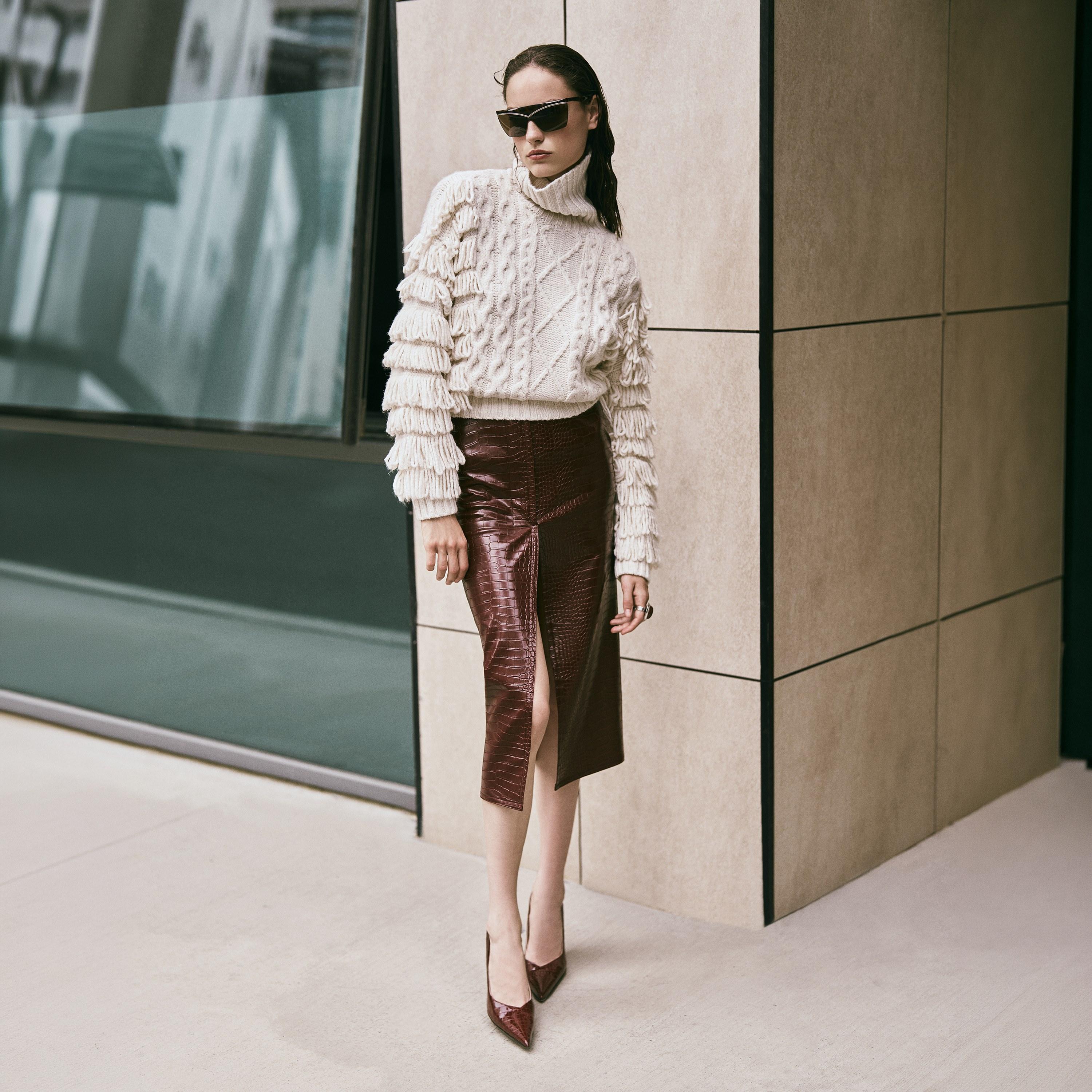 KOTON Burgundy Croc-Textured Faux Leather Pencil Women's Skirt-women-clothing-bottoms-skirts-image-4