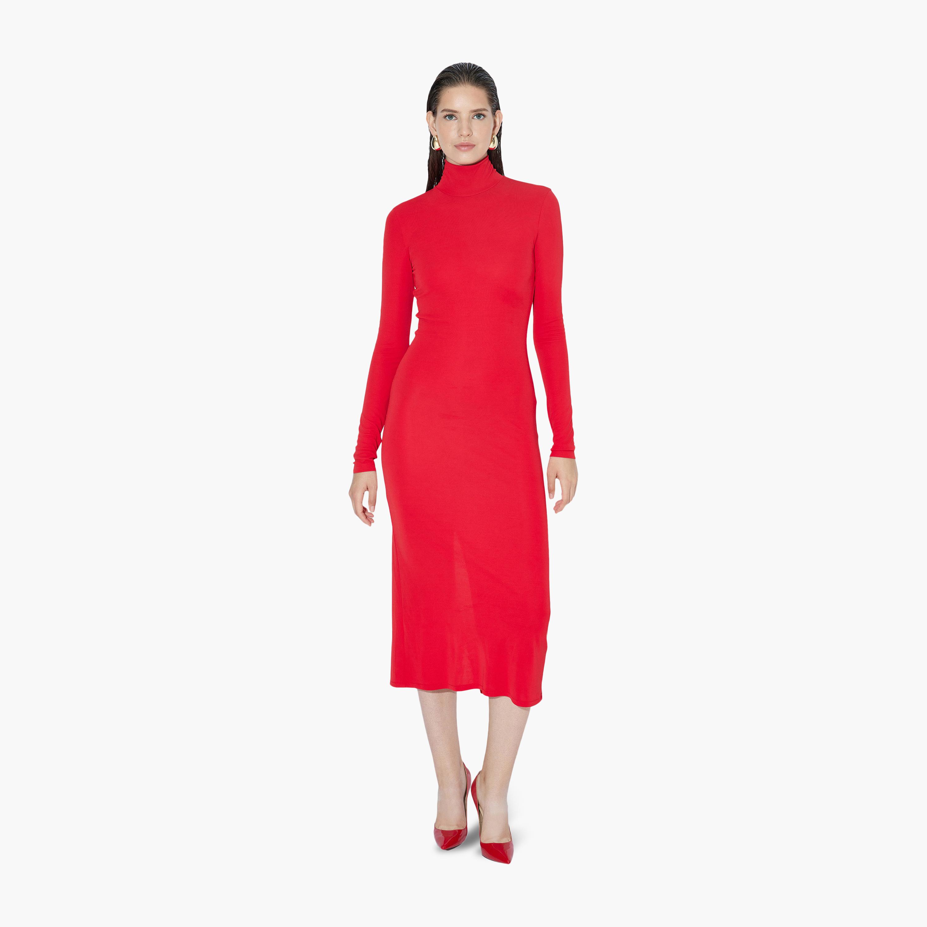 KOTON Red Plain High Neck Bodycon Women's Midi Dress-women-clothing-dresses-image-1