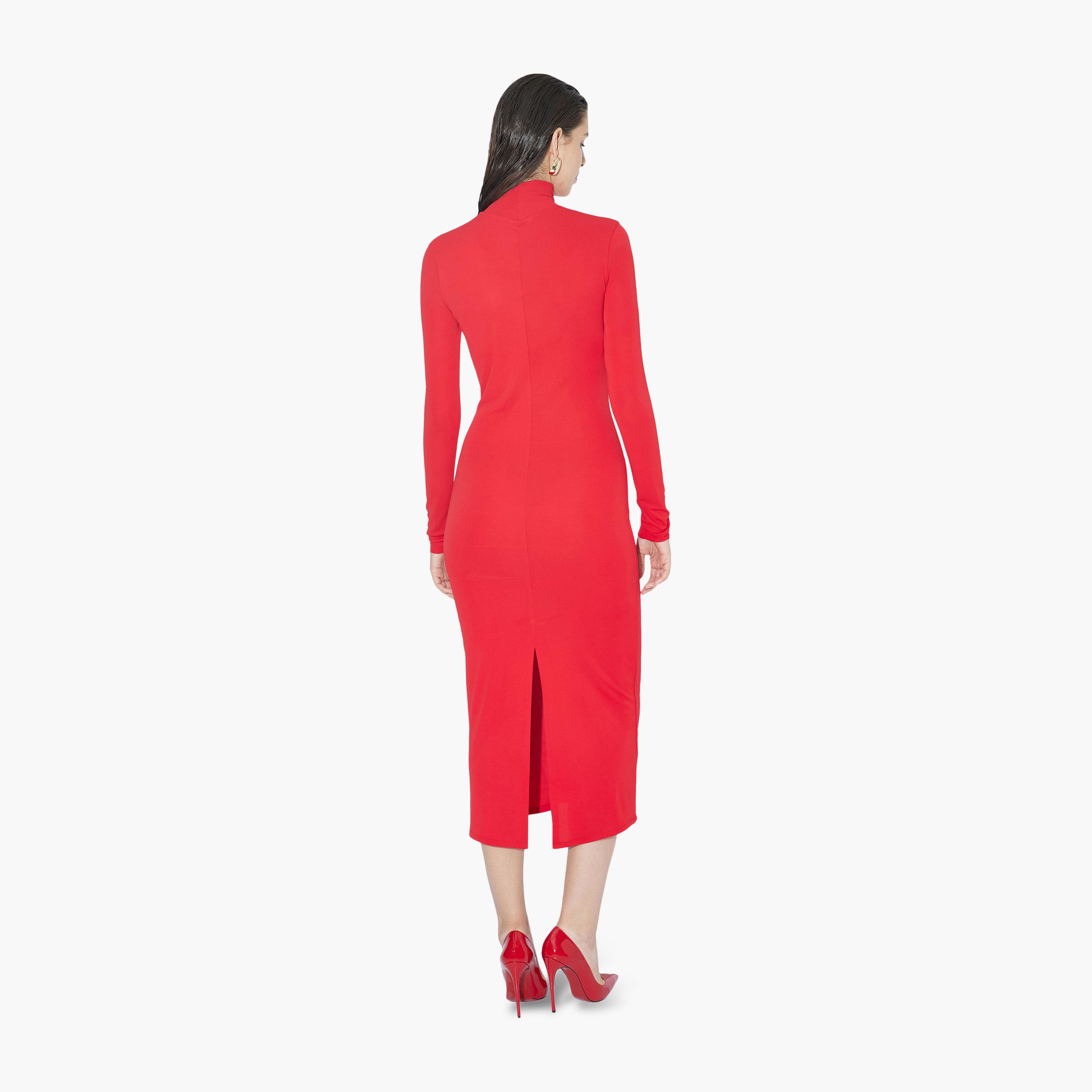 KOTON Red Plain High Neck Bodycon Women's Midi Dress-women-clothing-dresses-image-3