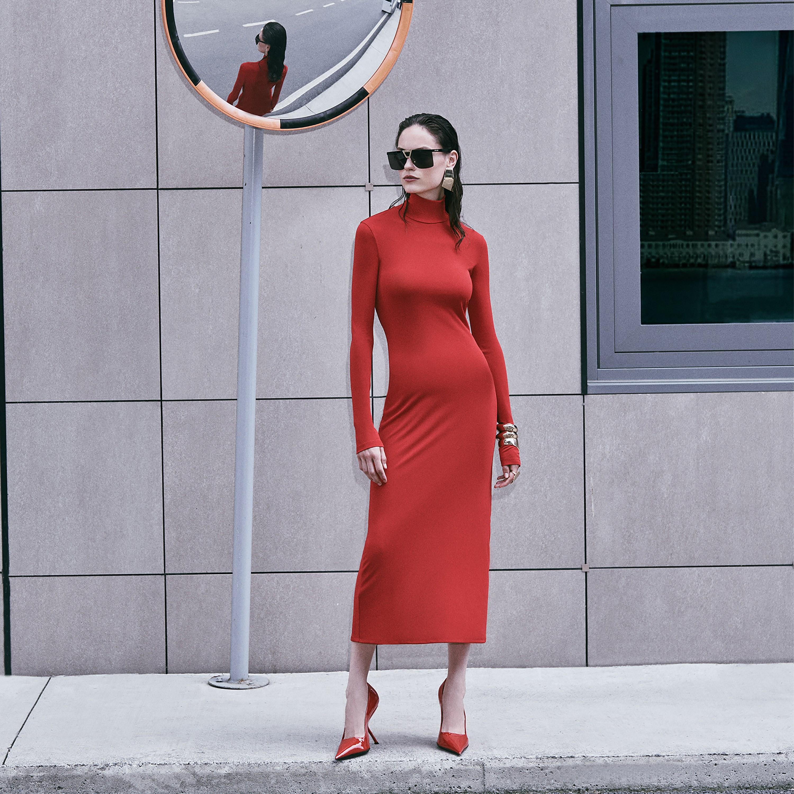 KOTON Red Plain High Neck Bodycon Women's Midi Dress-women-clothing-dresses-image-5