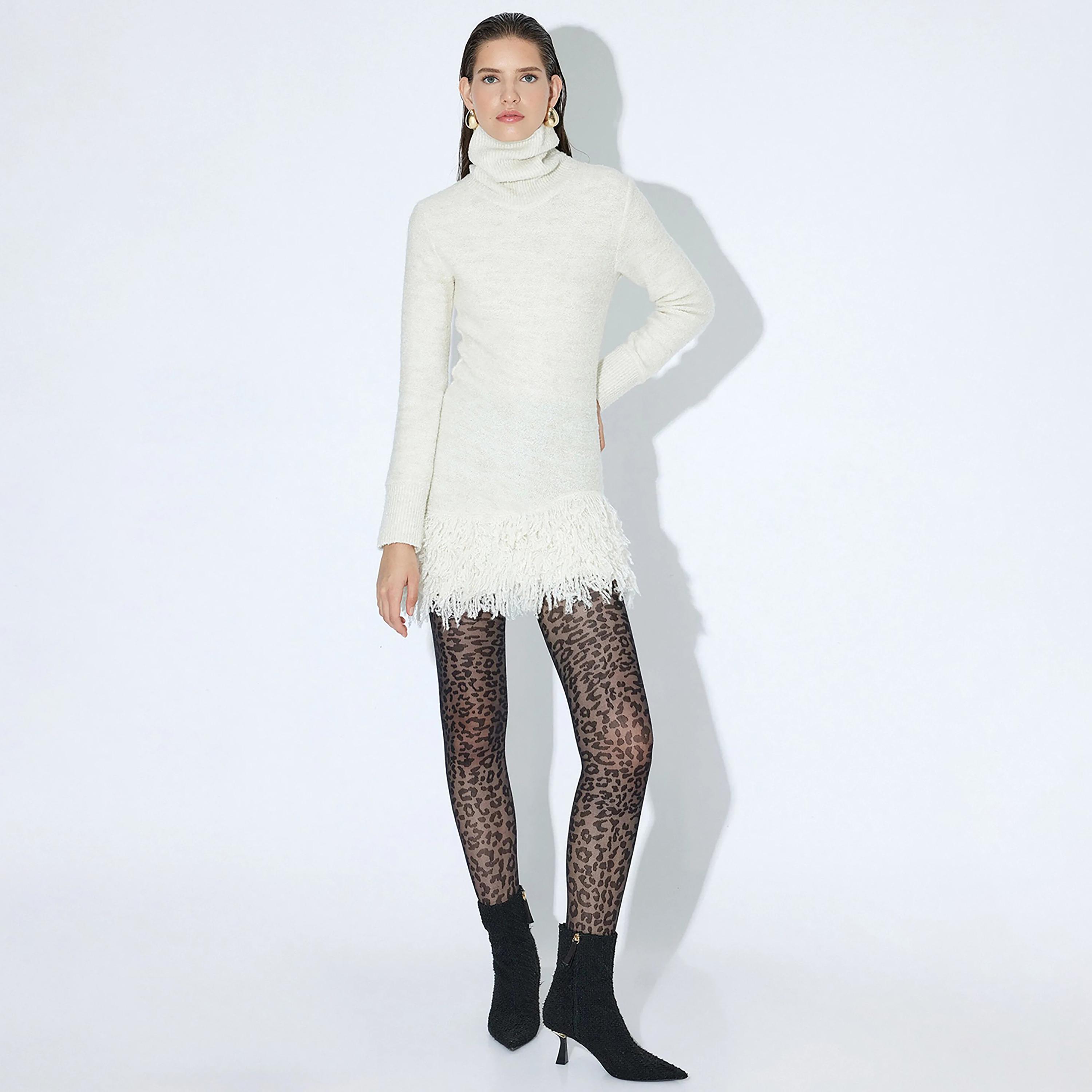 KOTON Cream Fringe Detailed Turtle Neck Women's Mini Dress-women-clothing-dresses-image-1