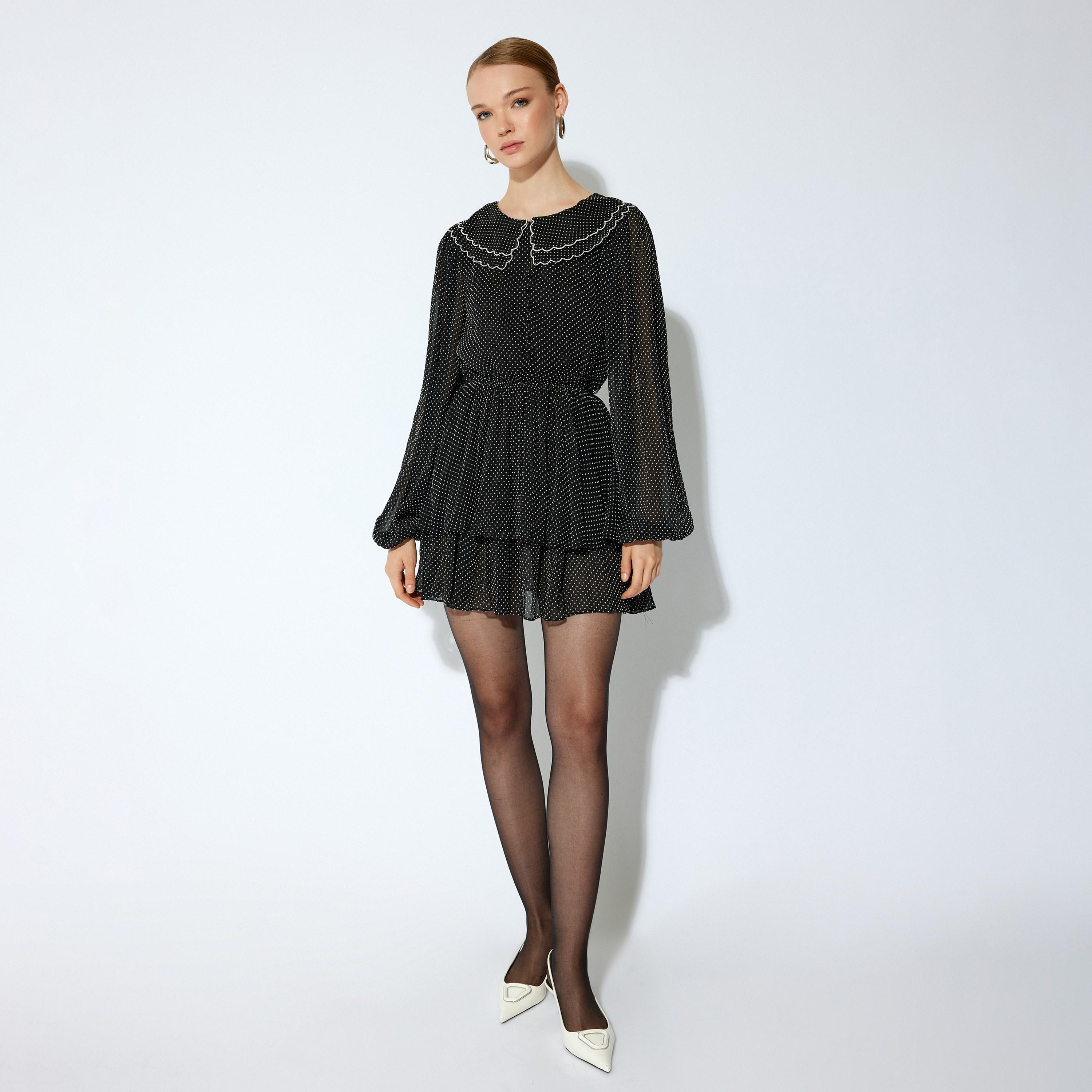 KOTON Black Polka Dot Peter Pan Collar Balloon Sleeves Layered Women's Evening Mini Dress-women-clothing-dresses-image-2