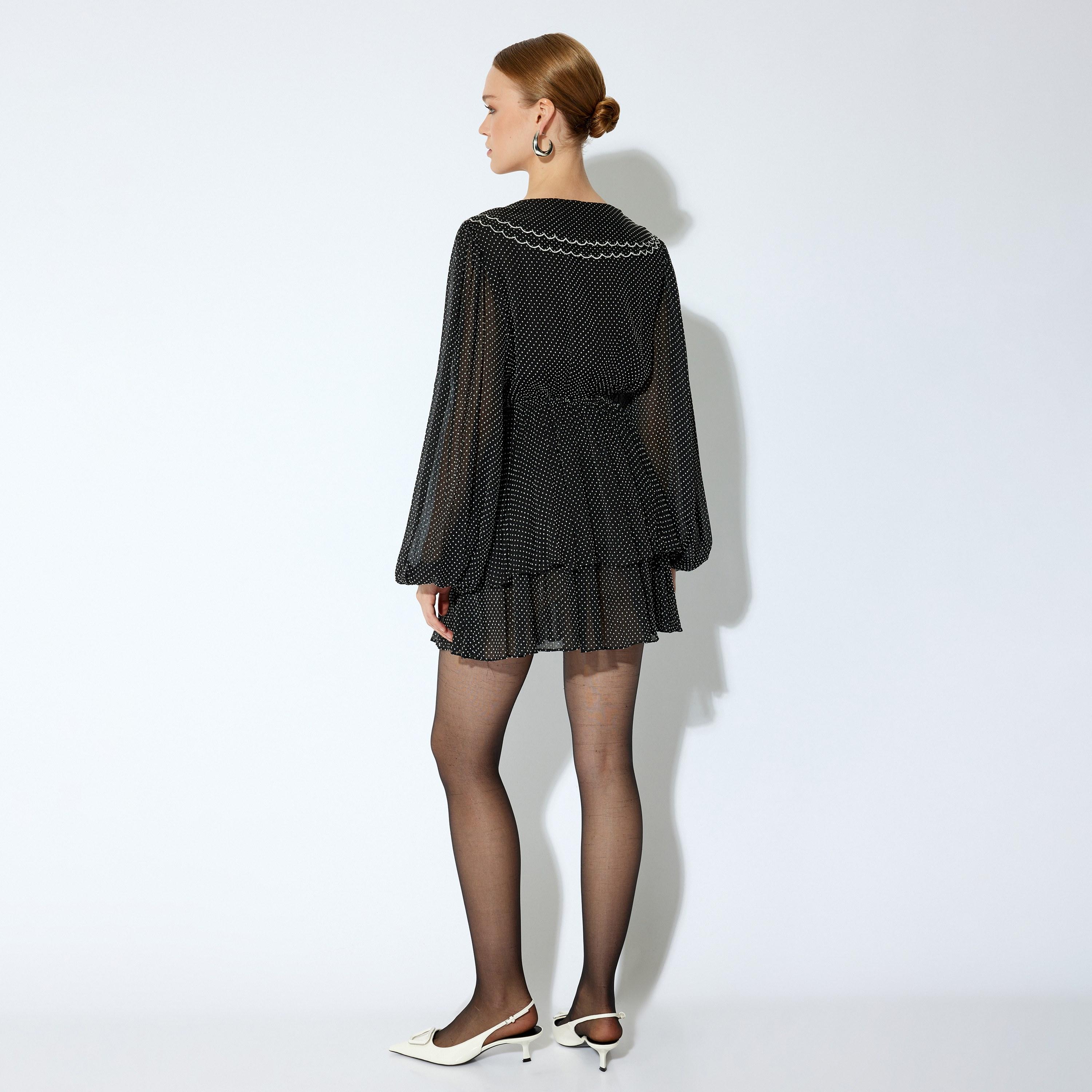 KOTON Black Polka Dot Peter Pan Collar Balloon Sleeves Layered Women's Evening Mini Dress-women-clothing-dresses-image-3