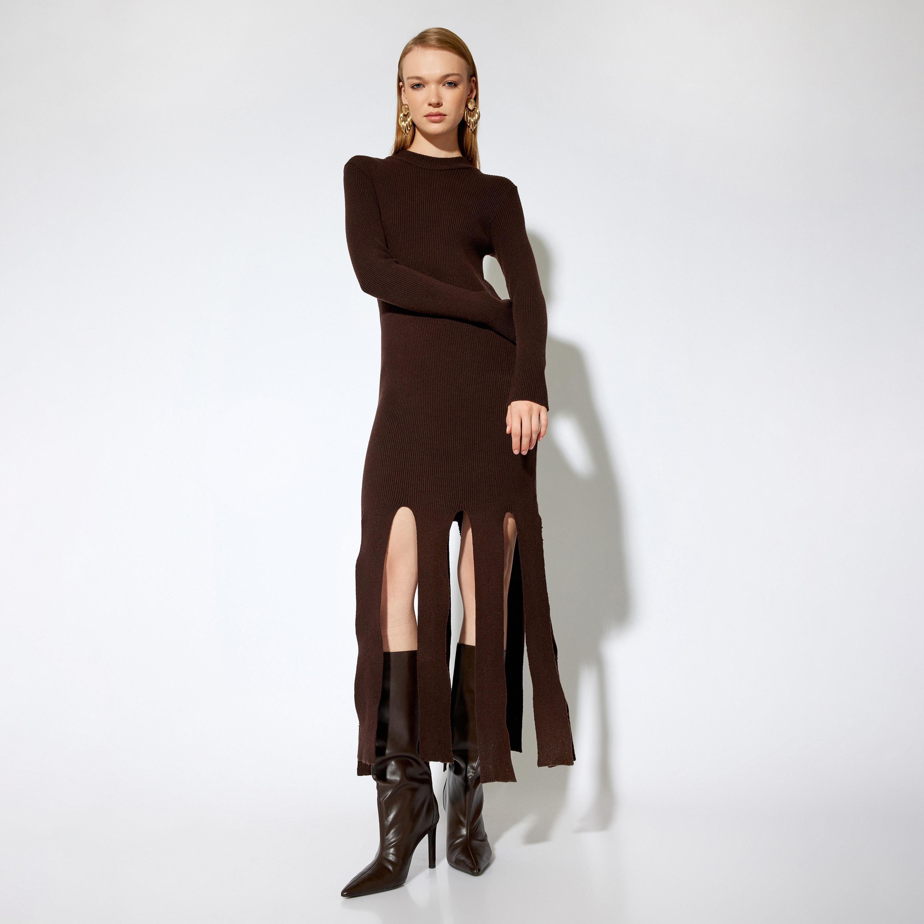 KOTON Brown Ribbed Asymmetric Women's Evening Maxi Dress-women-clothing-dresses-image-1