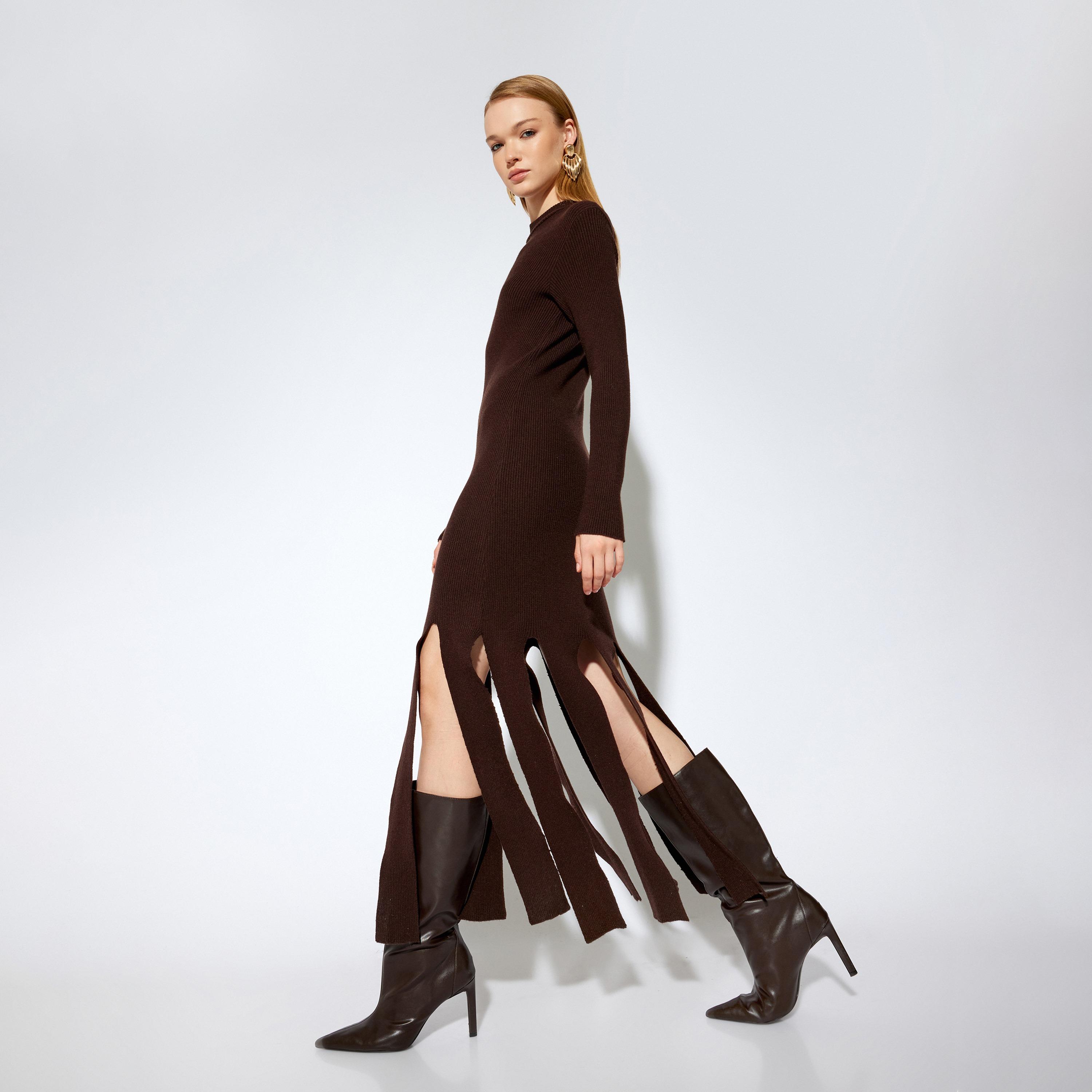 KOTON Brown Ribbed Asymmetric Women's Evening Maxi Dress-women-clothing-dresses-image-2